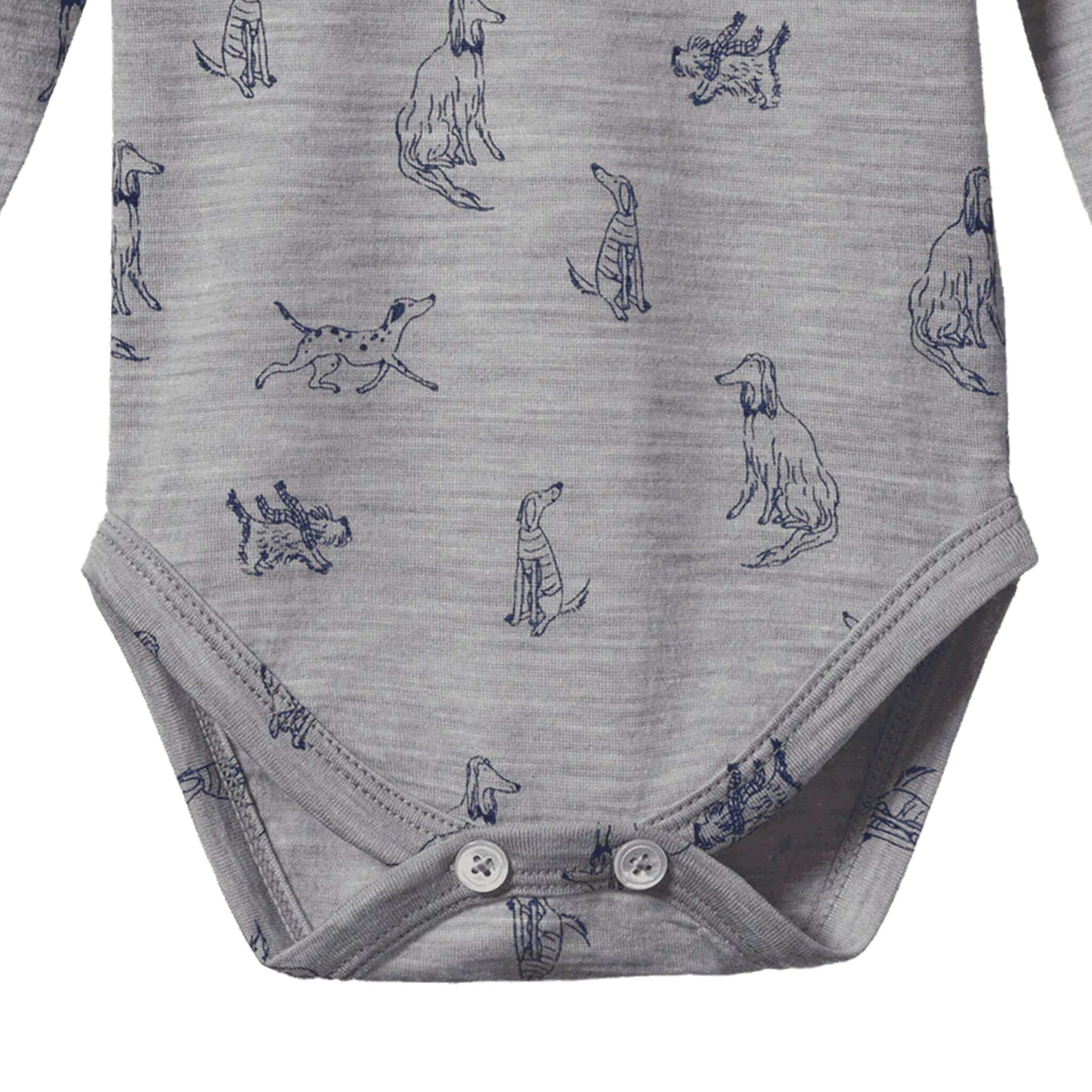 Alt Tag: Nature Baby Organic Merino Long Sleeve Bodysuit - Best Friend grey organic merino baby bodysuit with dog print and snap closures