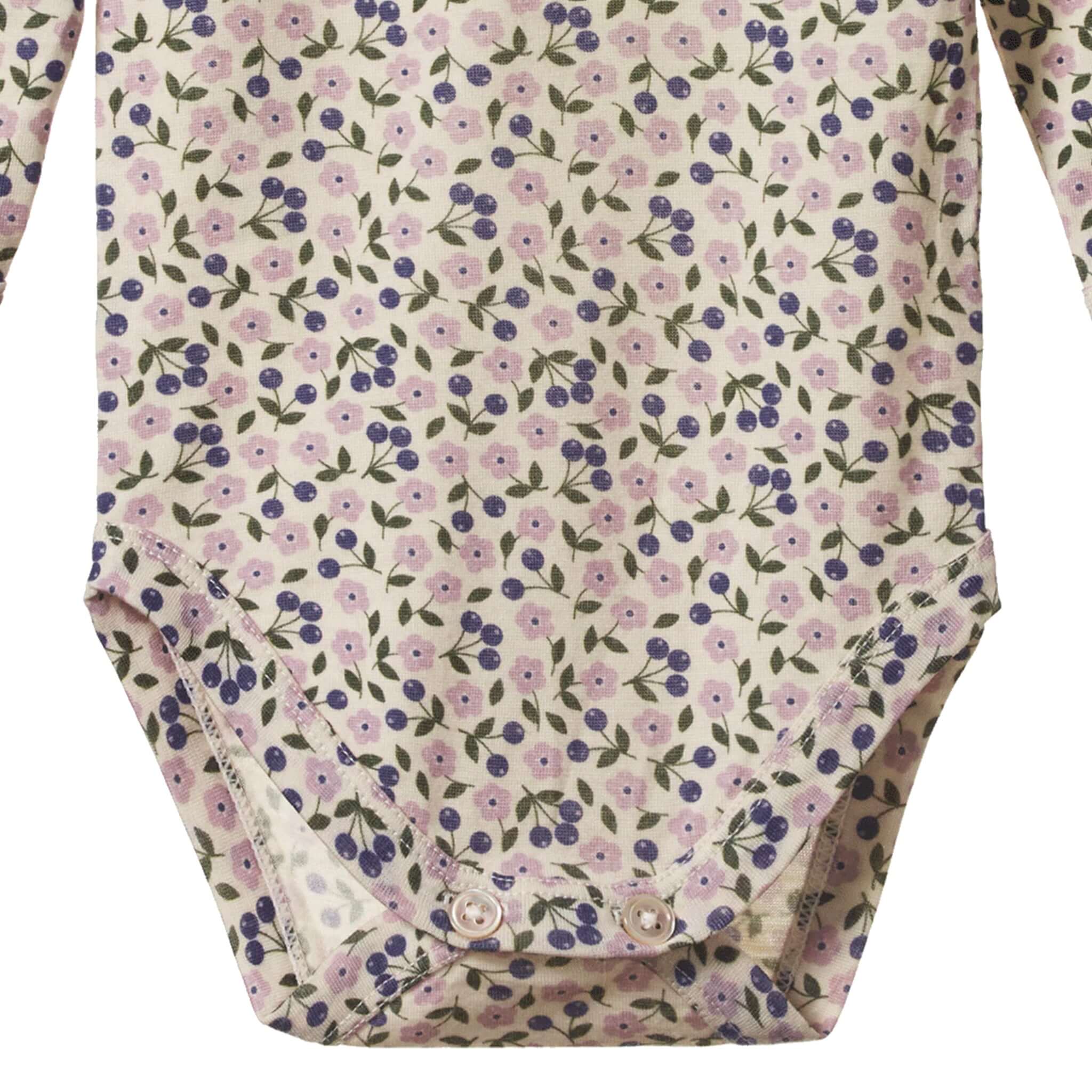 Alt Tag: Nature Baby Organic Merino Long Sleeve Bodysuit - Briarwood Lilac floral print baby bodysuit with snap crotch closure