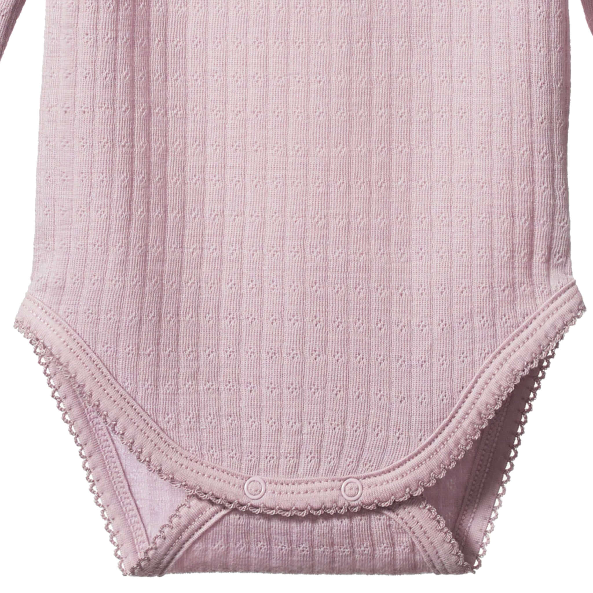 Alt Tag: Nature Baby Organic Merino Long Sleeve Bodysuit - Pointelle Lilac close-up, lilac pointelle knit organic merino baby bodysuit snap crotch