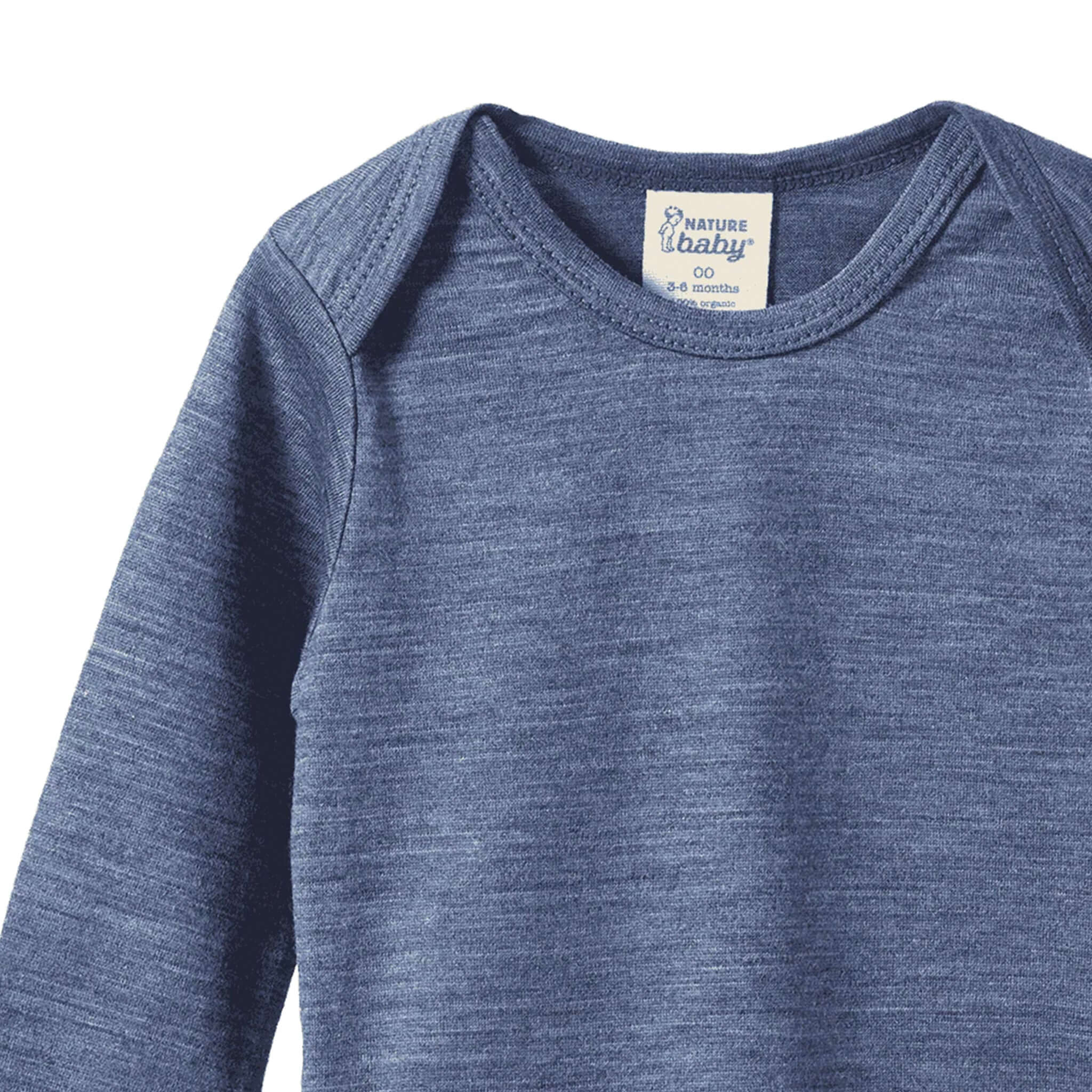 Alt Tag: Nature Baby Organic Merino Long Sleeve Bodysuit - Vintage Indigo Marl, organic merino wool baby long sleeve bodysuit close-up neckline