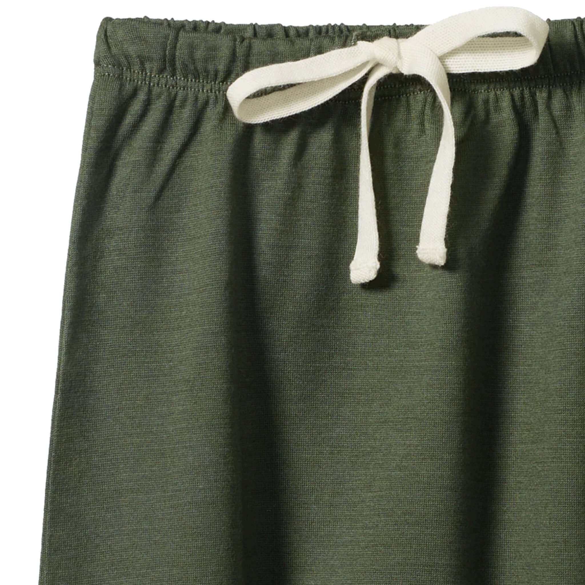 Alt Tag: Nature Baby Organic Merino Wool Drawstring Pants - Thyme close-up of soft elastic waistband and drawstring for comfy baby fit