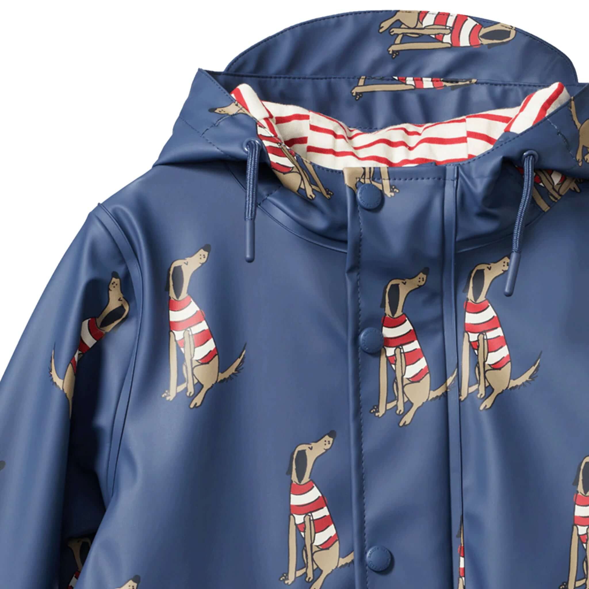 Alt Tag: Nature Baby Raincoat - Best Friend Indigo kids waterproof hooded raincoat in indigo dog print with striped lining