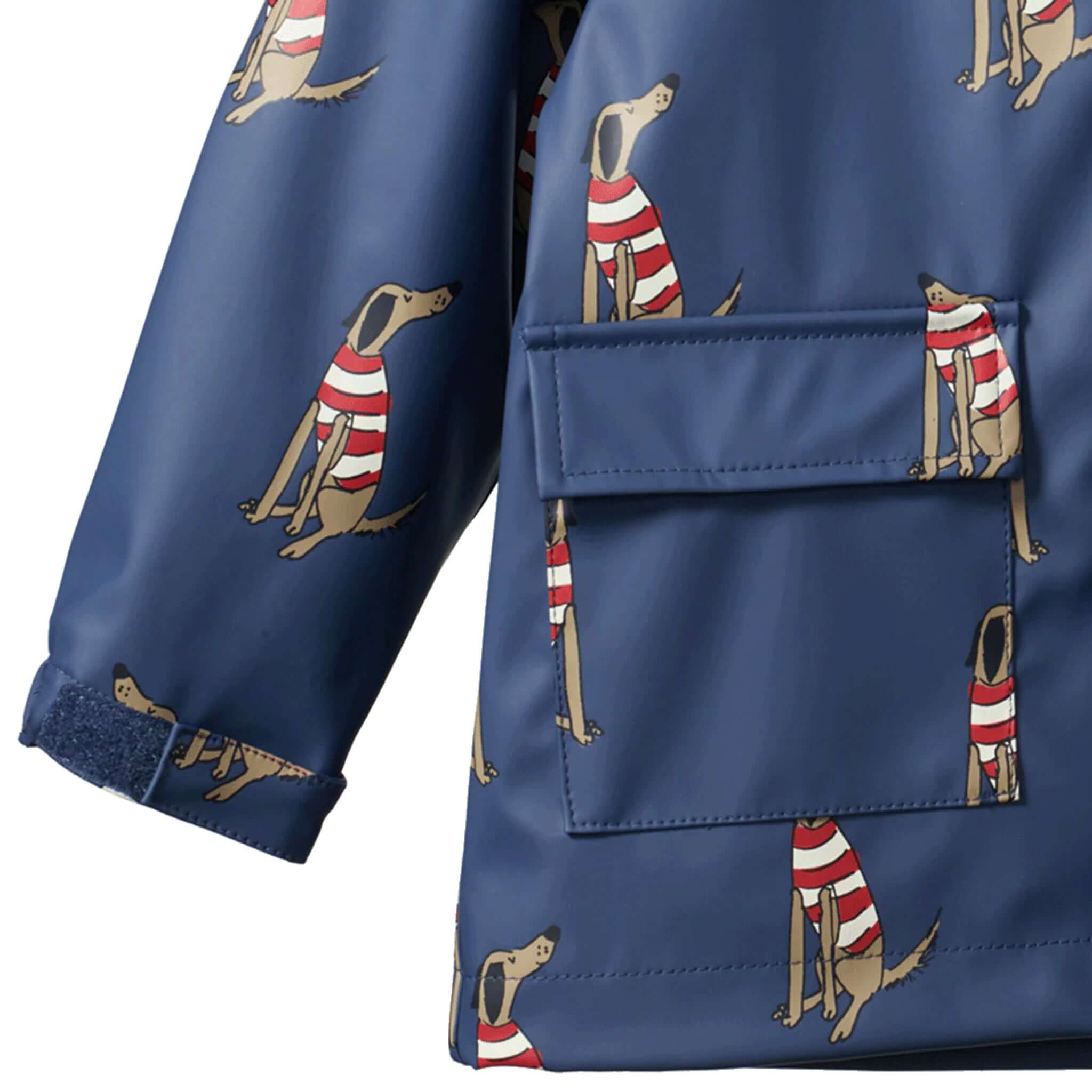 Alt Tag: Nature Baby Raincoat - Best Friend Indigo blue kids raincoat close-up, dog print, water-resistant recycled outer, soft organic cotton lining