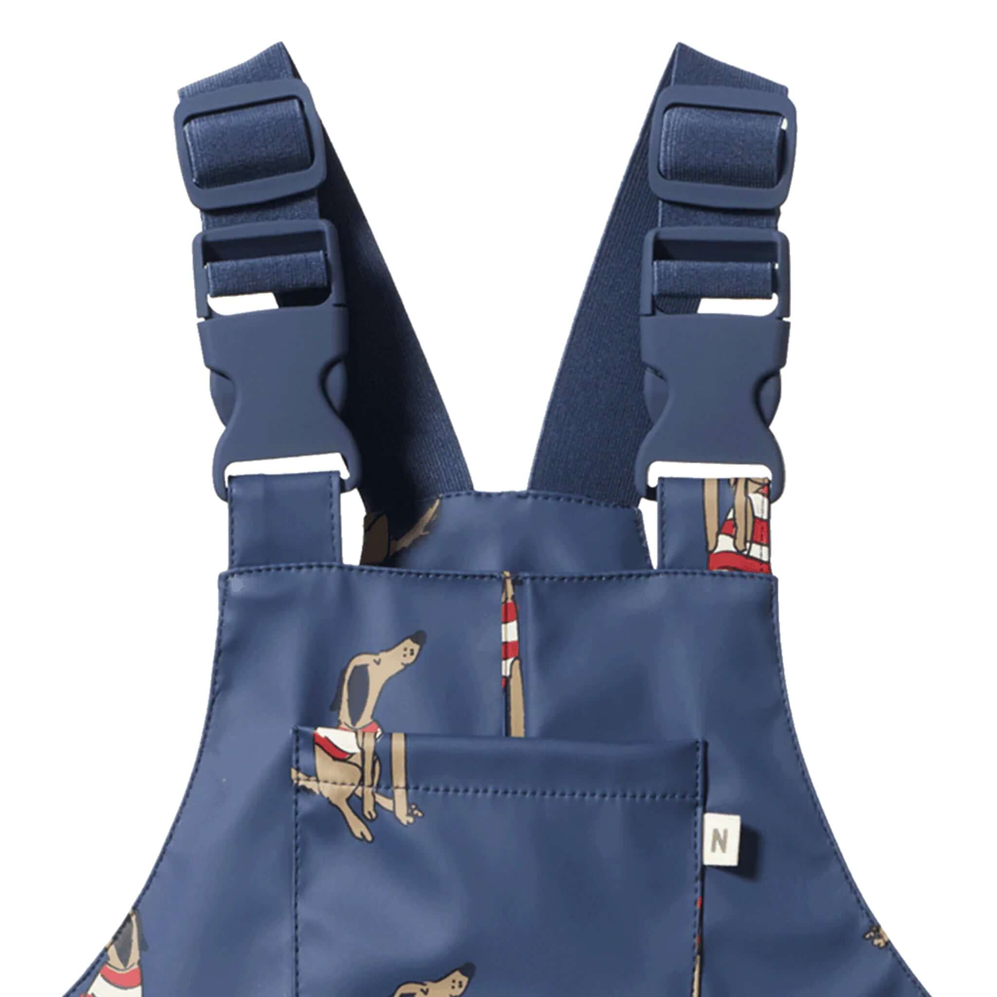 Alt Tag: Nature Baby Splash Overalls - Best Friend Indigo waterproof kids splash overalls in indigo print with adjustable clip straps
