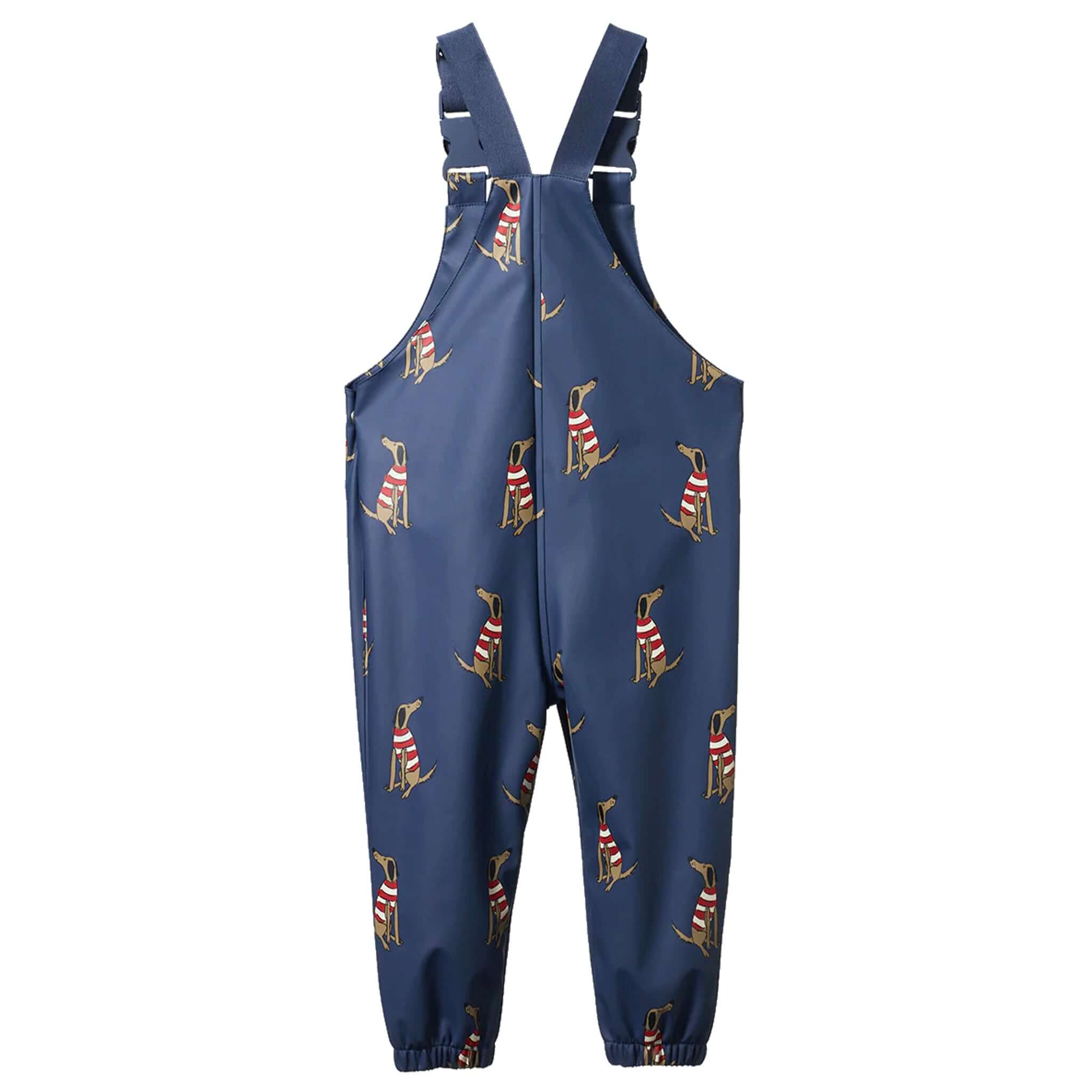 Nature Baby Splash Overalls - Best Friend Indigo waterproof kids rain overalls in indigo dog print with adjustable straps