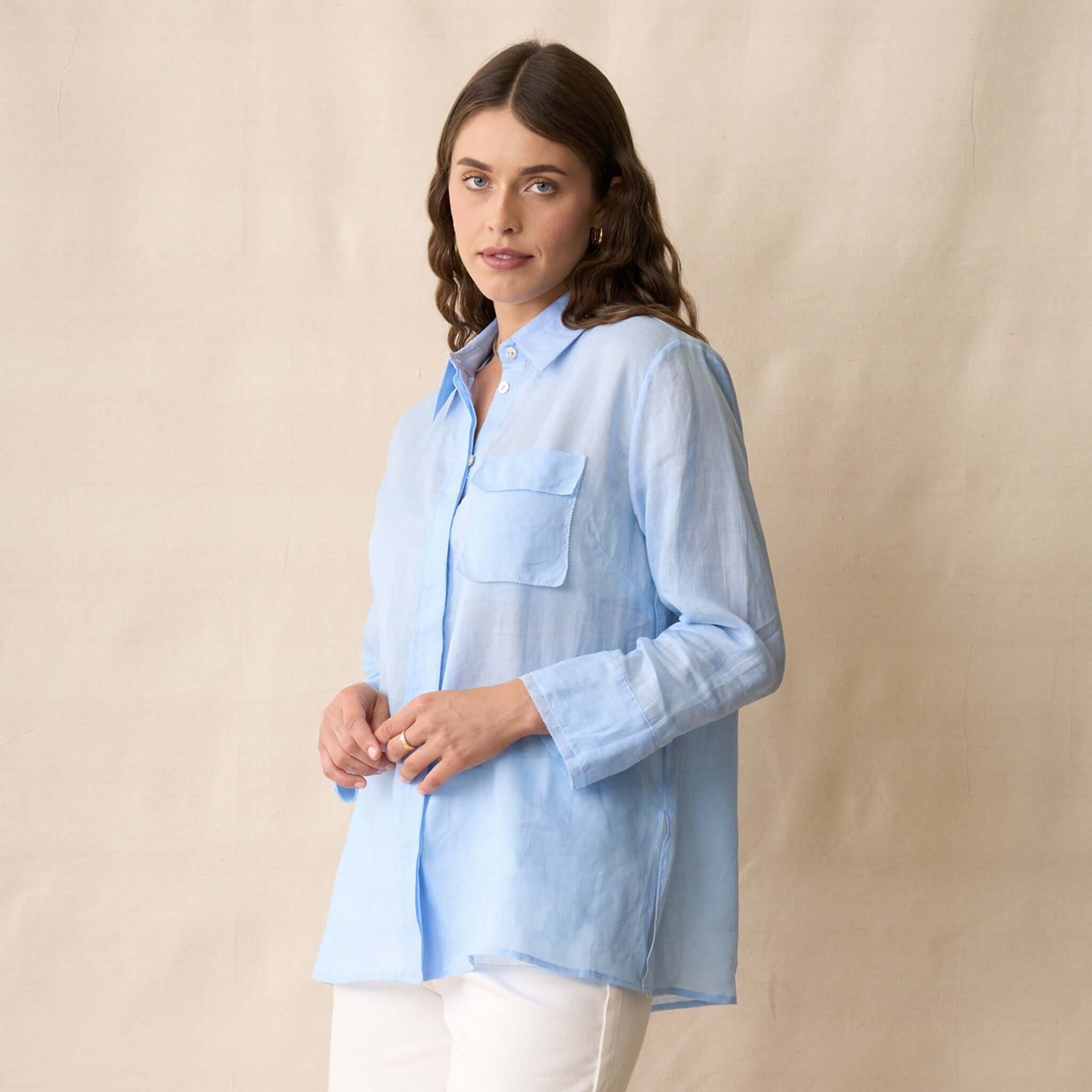 Neris Drew Shirt - Skye in soft sky blue, featuring a classic collar and button-front placket with chest pocket.