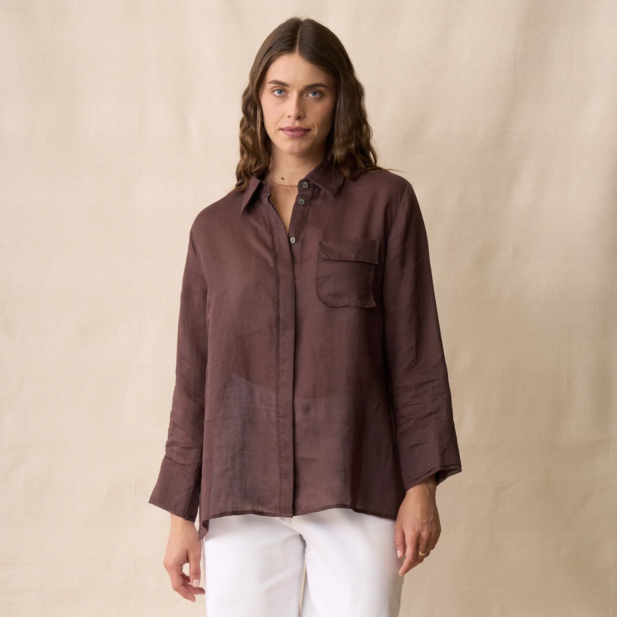 Neris Phoebe Top - Mahogany worn by model, featuring a classic collar and sheer ramie fabric.