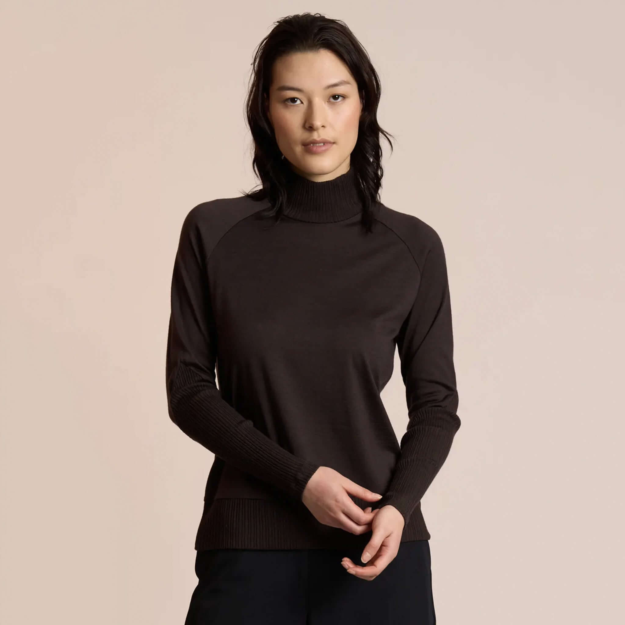 Alt Tag: Neris Side Story Merino Jumper - Bitter Sweet funnel neck 100% merino wool knit, lightweight warm layering sweater, front view