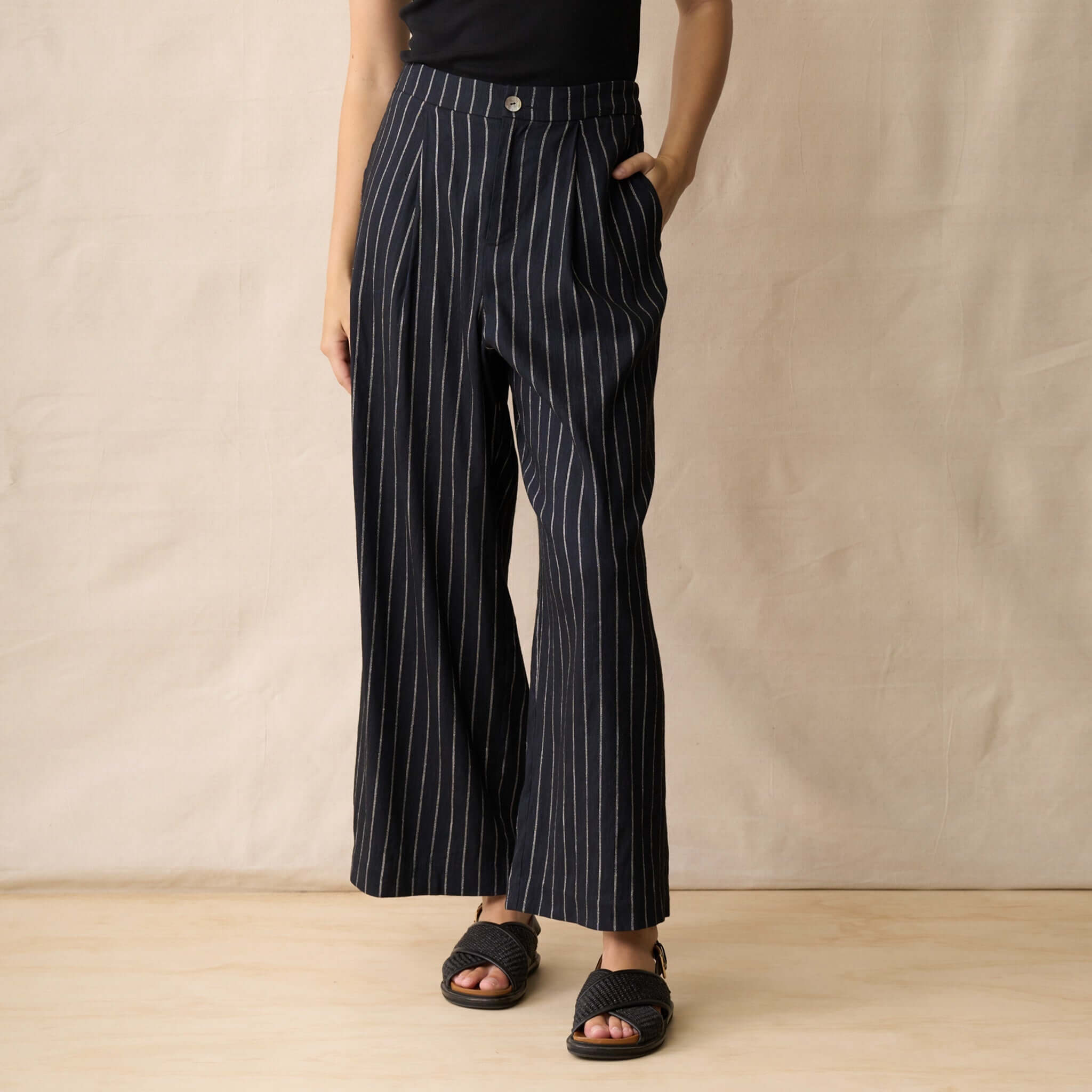 Neris Sloane Trouser - Midnight featuring a relaxed fit with a linen-viscose blend and metallic pinstripes.