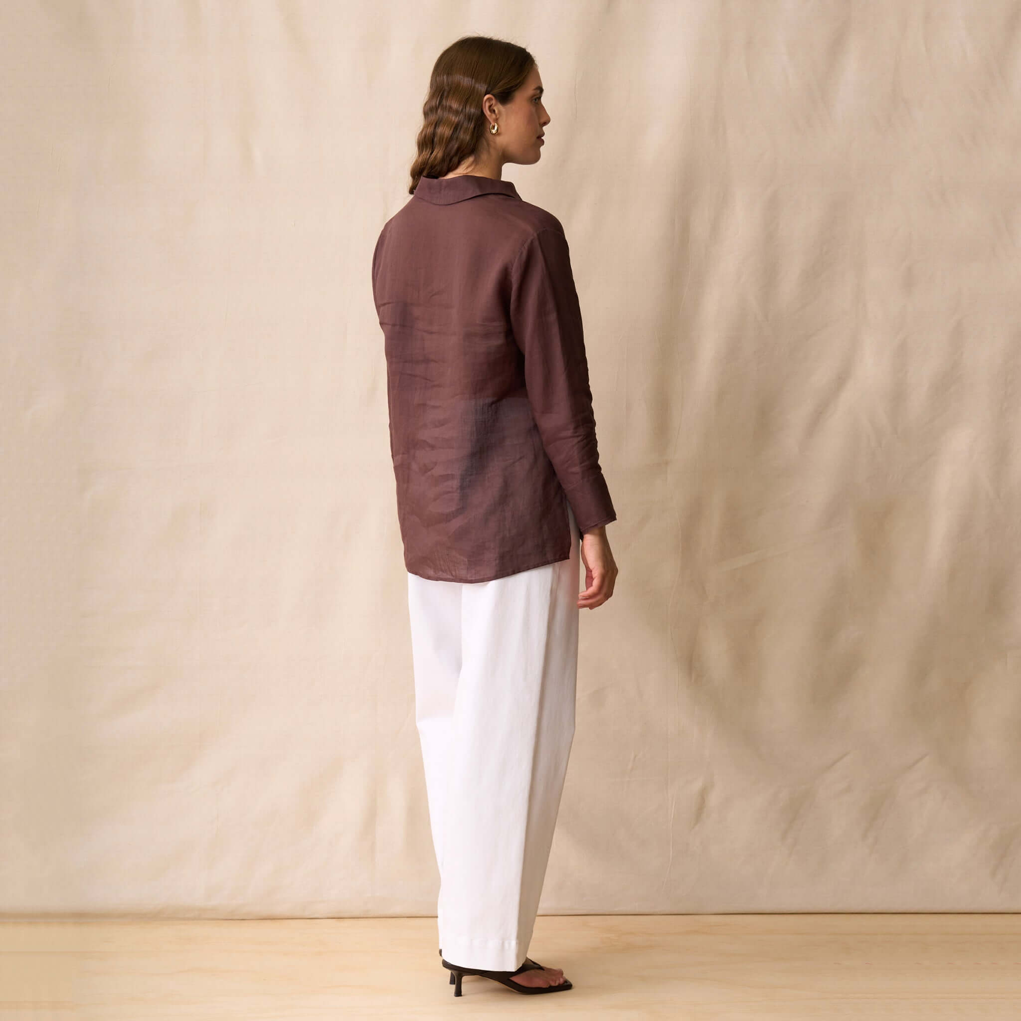 Neris Phoebe Top - Mahogany showcased from the back, featuring a classic collar and stylishly structured design.