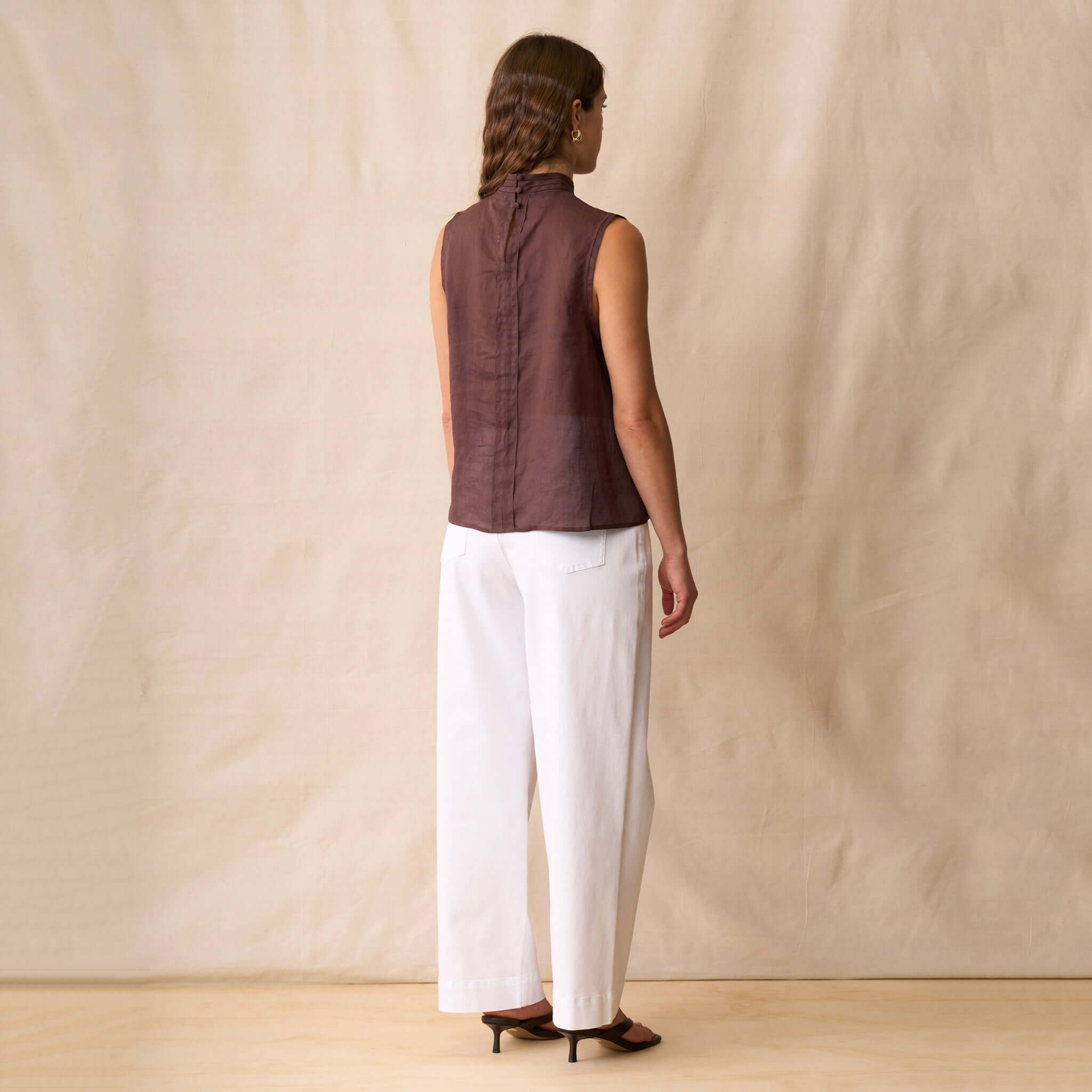 Neris Phoebe Top - Mahogany showcased from the back, featuring a softly structured design and classic collar.