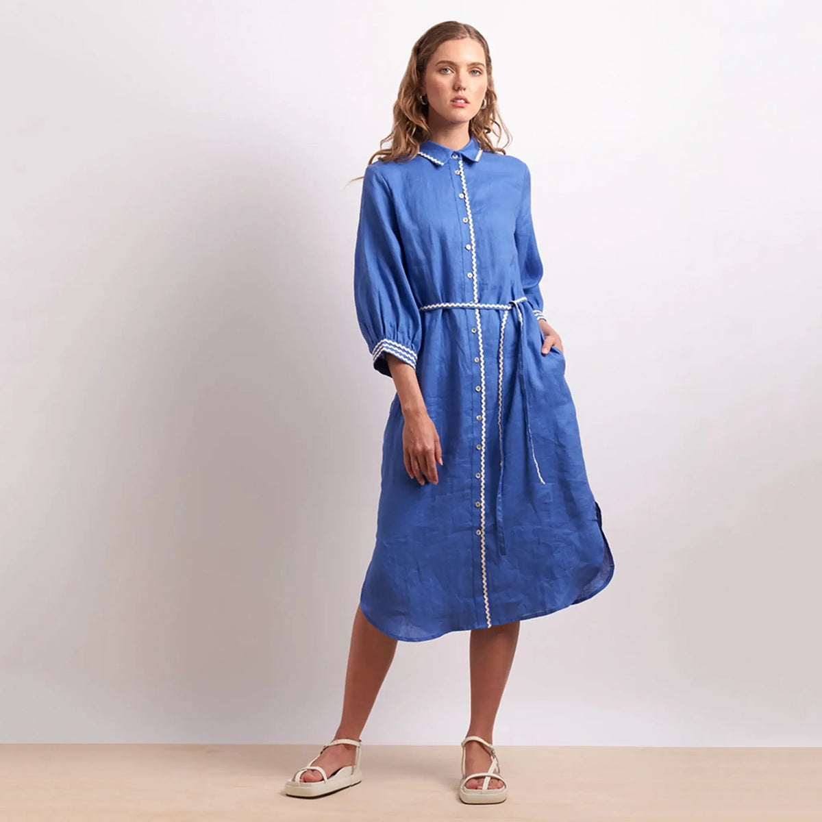 Neris Ric Rac Linen Shirt Dress - Marina | Tea Pea