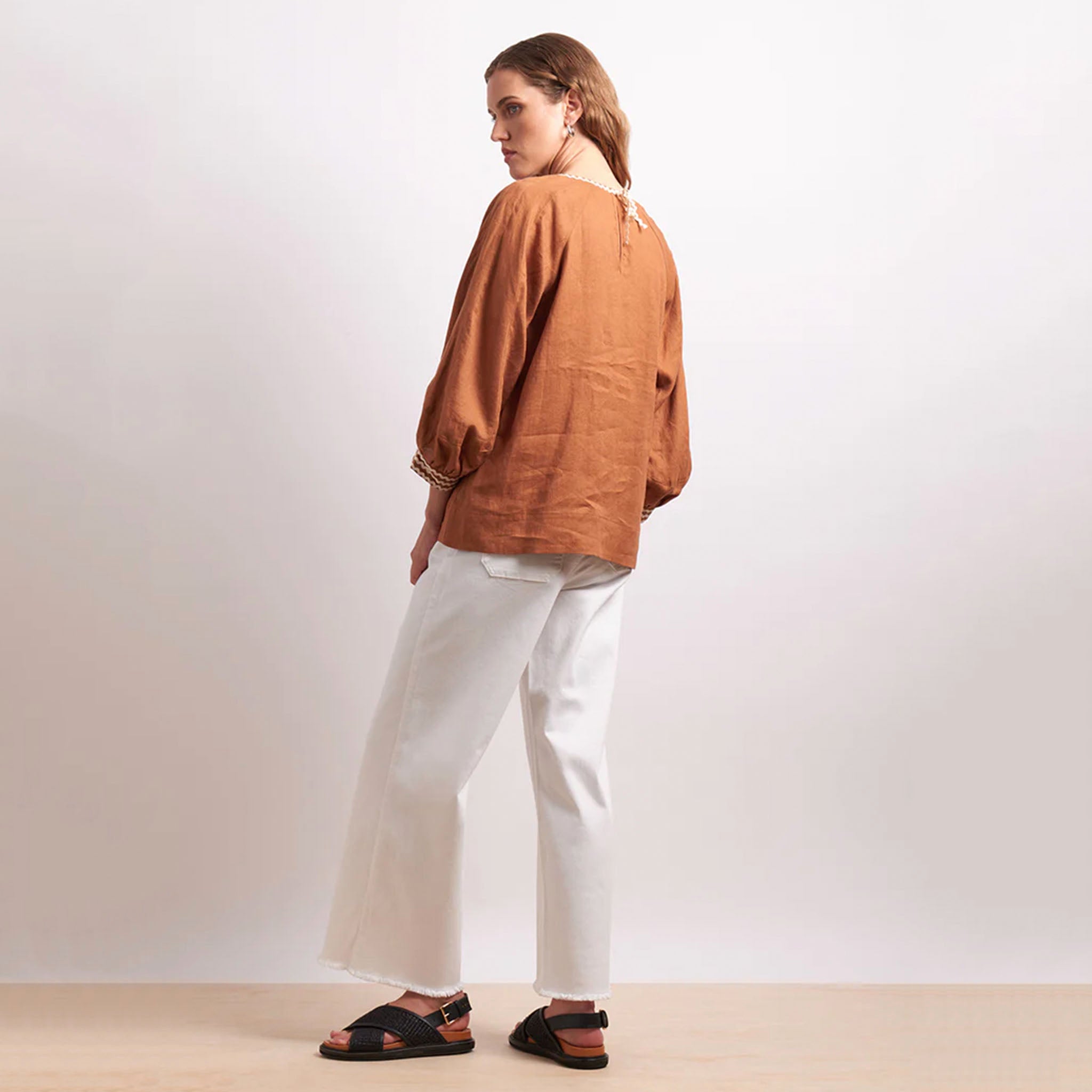 Neris Ric Rac Linen Top - Cinnamon