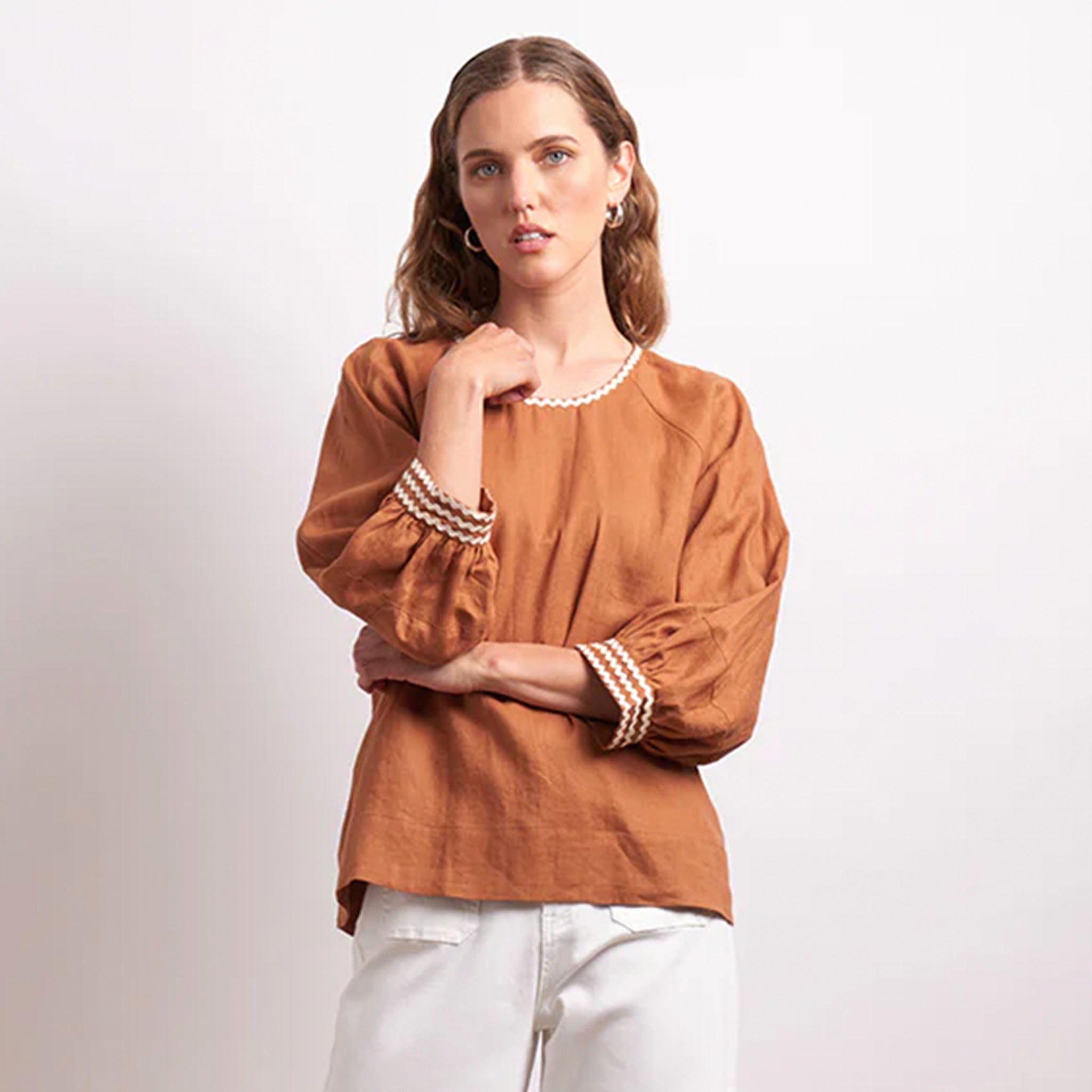 Neris Ric Rac Linen Top - Cinnamon