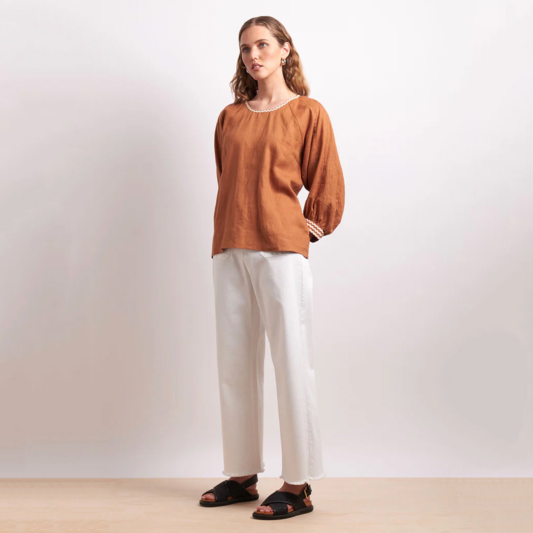 Neris Ric Rac Linen Top - Cinnamon