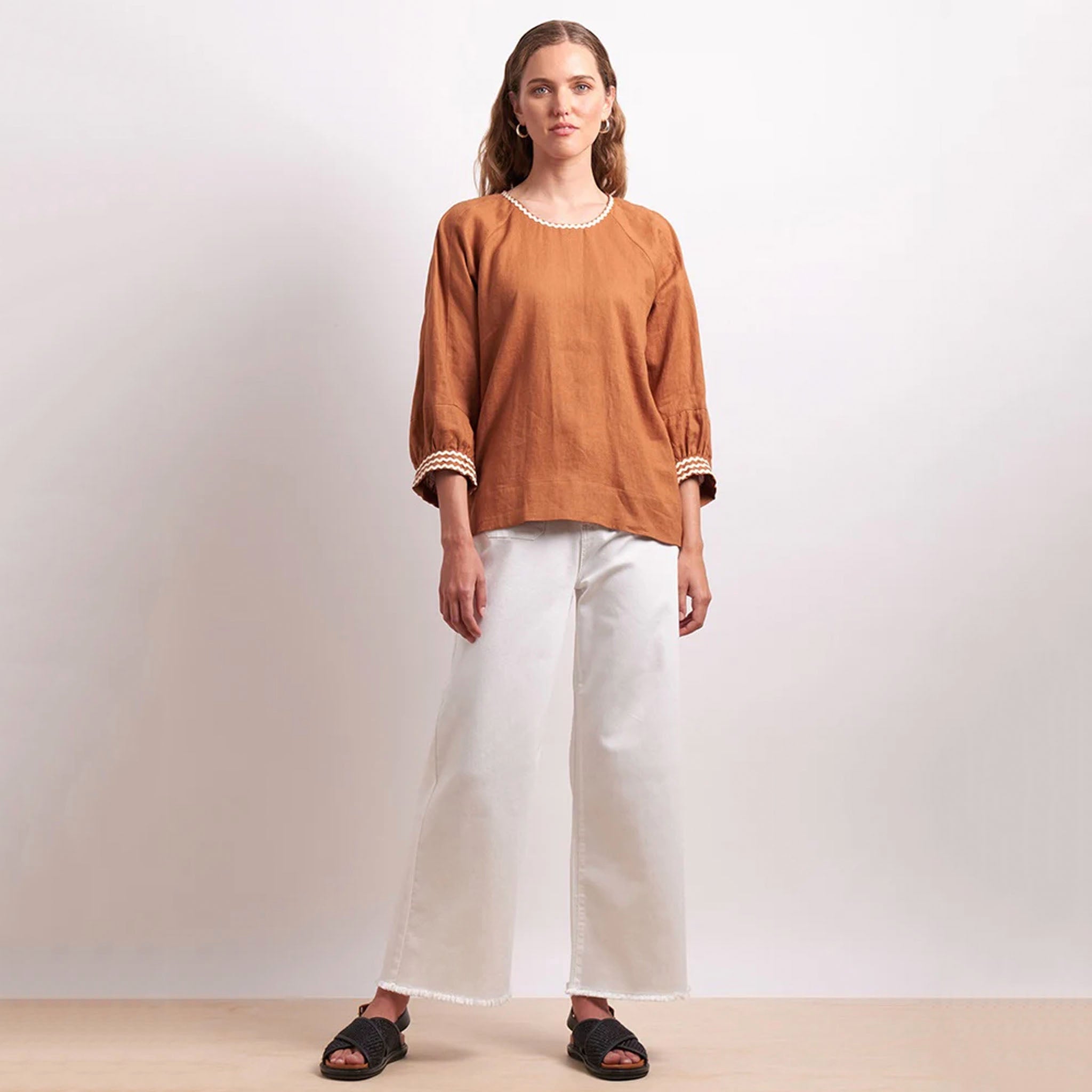 Neris Ric Rac Linen Top - Cinnamon