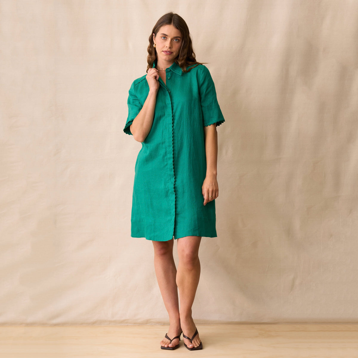 Neris Rikki Dress - Malachite, jewel green 100% linen shirt dress with ric-rac trim