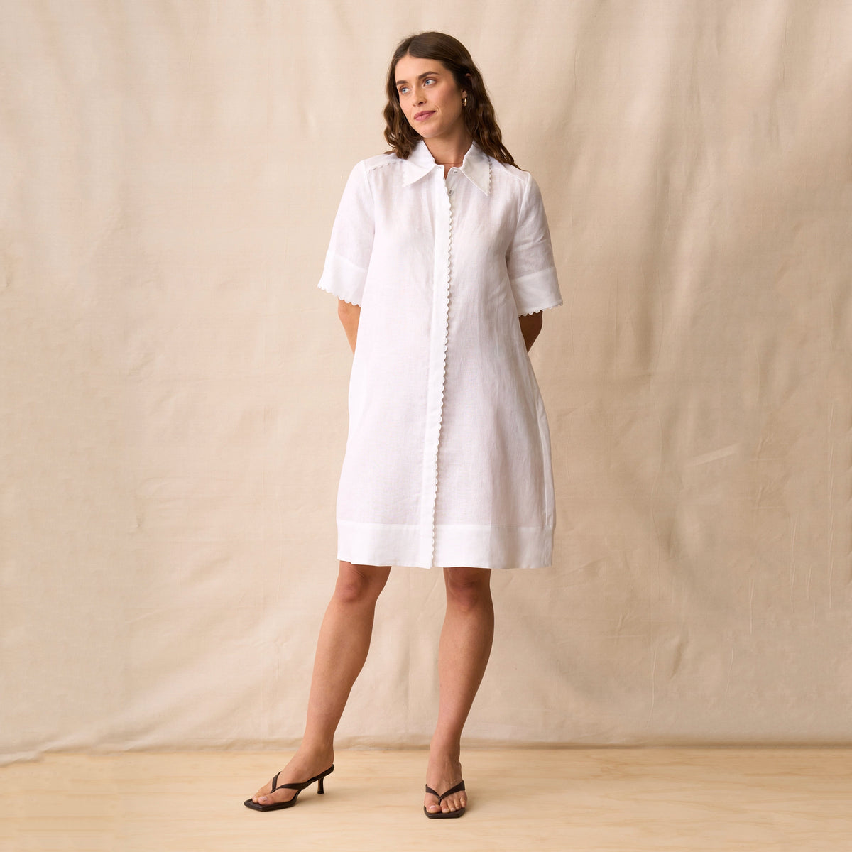 Neris Rikki Dress - White, detail of the scalloped ric-rac trim and collar