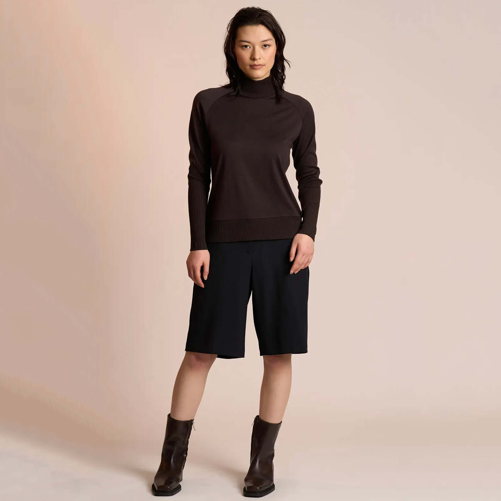 Alt Tag: Neris Side Story Merino Jumper - Bitter Sweet 100% Merino wool funnel neck knit, relaxed fit, lightweight warm layering jumper