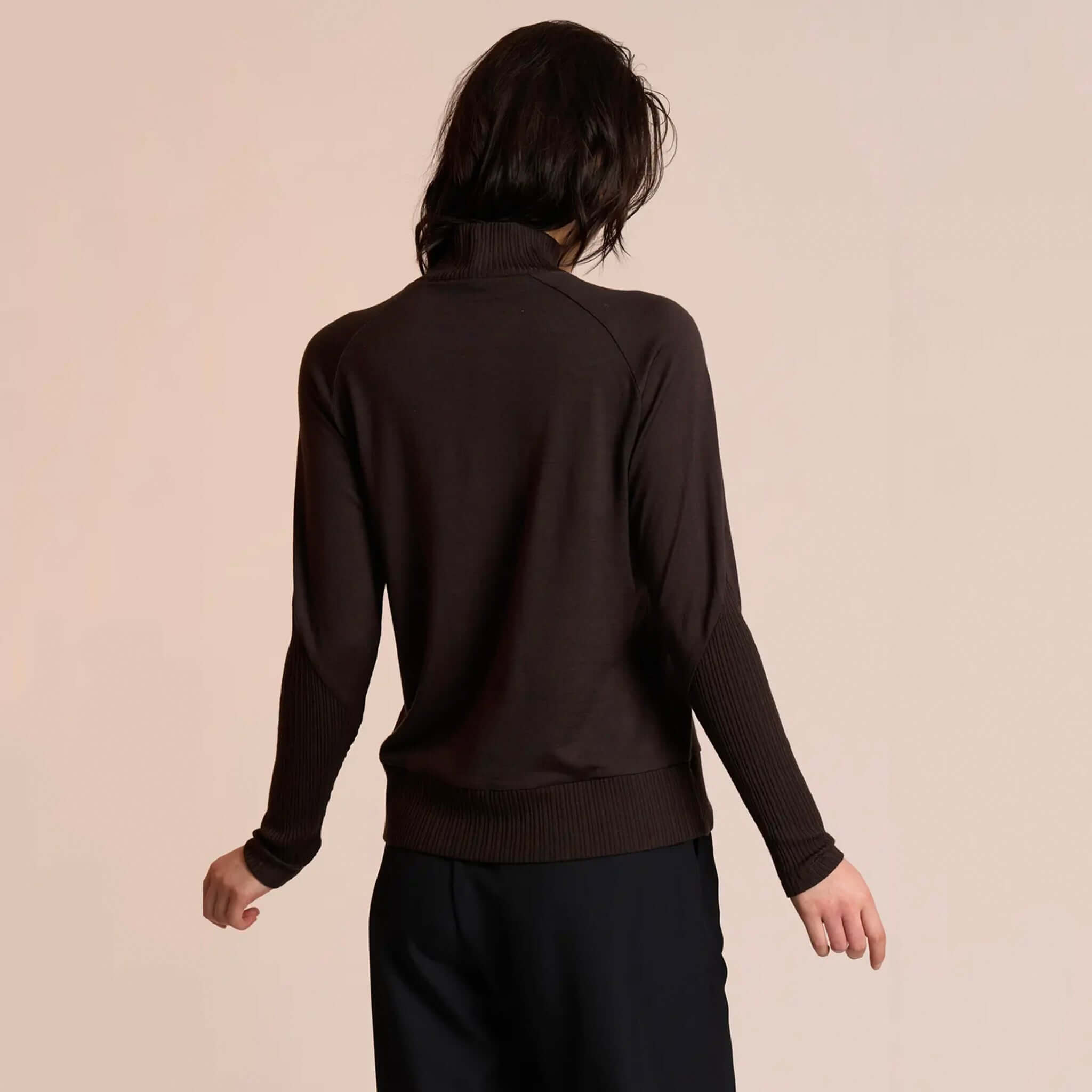 Alt Tag: Neris Side Story Merino Jumper - Bitter Sweet back view, 100% merino wool funnel neck knit with relaxed fit