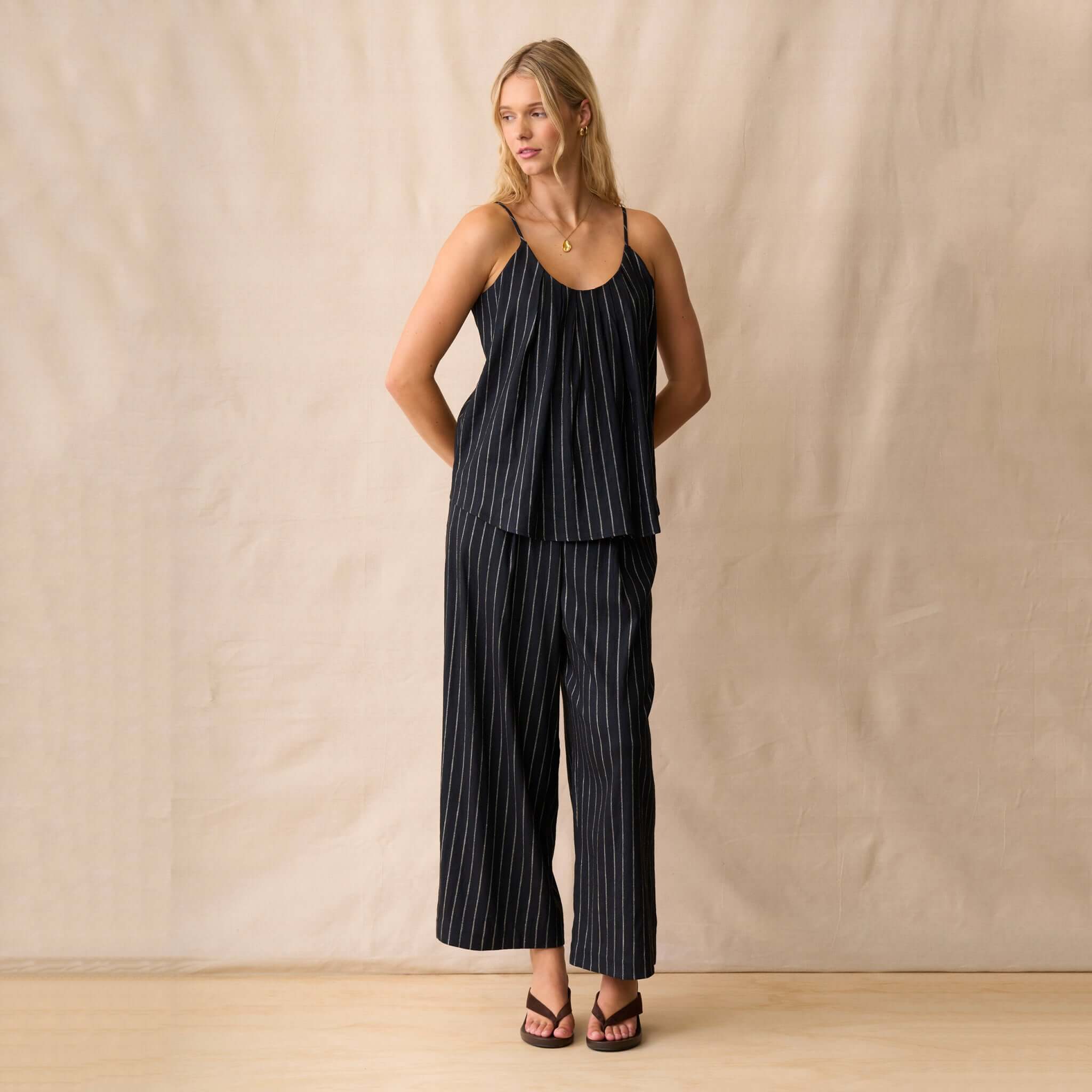 Neris Sloane Trouser - Midnight styled with matching cami, featuring a relaxed fit and metallic pinstripe design.
