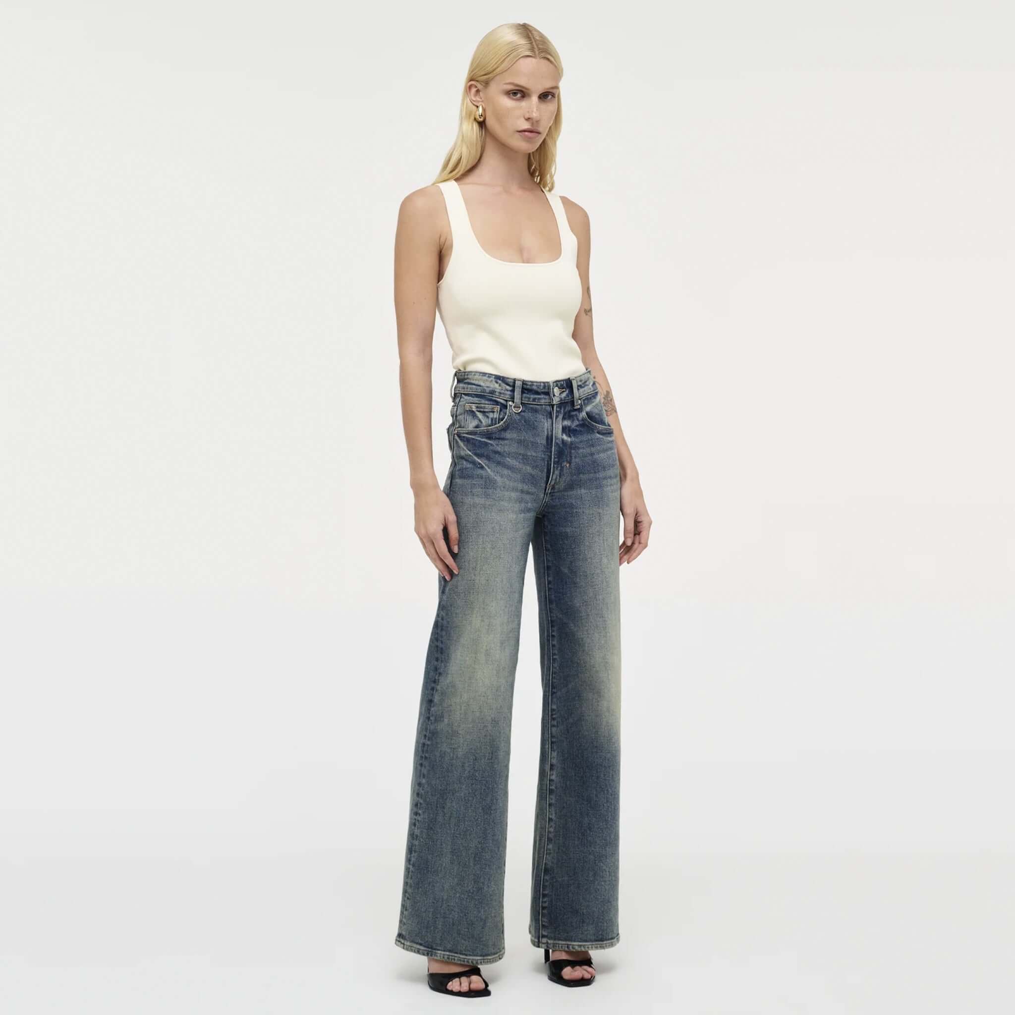 Neuw Eva Wide Jeans - Mid Vintage Indigo mid-rise A-line wide leg comfort-stretch denim, model front view