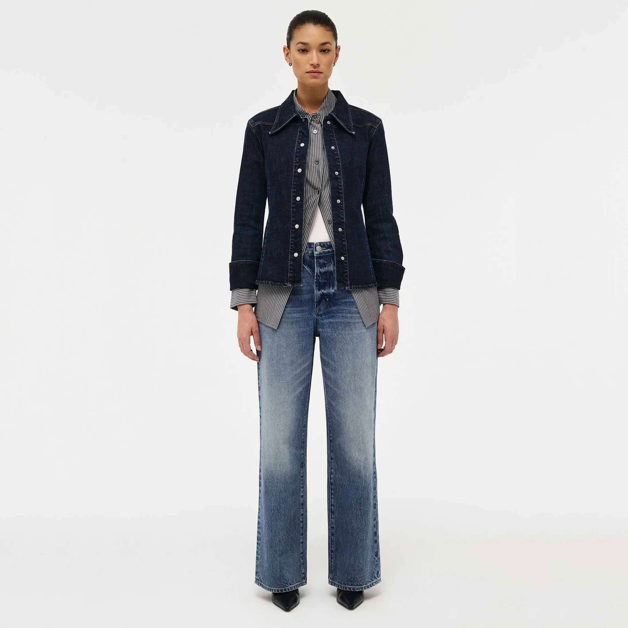 Alt Tag: Neuw Coco Relaxed Psych Jeans - Mid Vintage Indigo high-rise relaxed straight leg jeans front view on model
