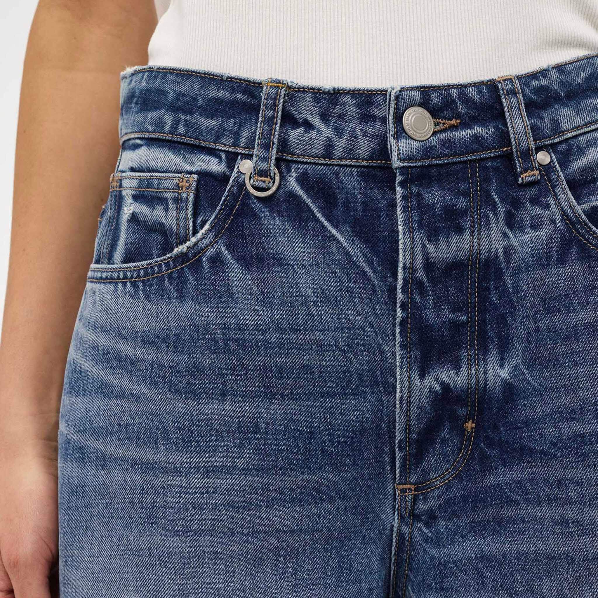 Alt Tag: Neuw Coco Relaxed Psych Jeans - Mid Vintage Indigo high-rise relaxed straight jeans close-up, zip fly and vintage indigo wash
