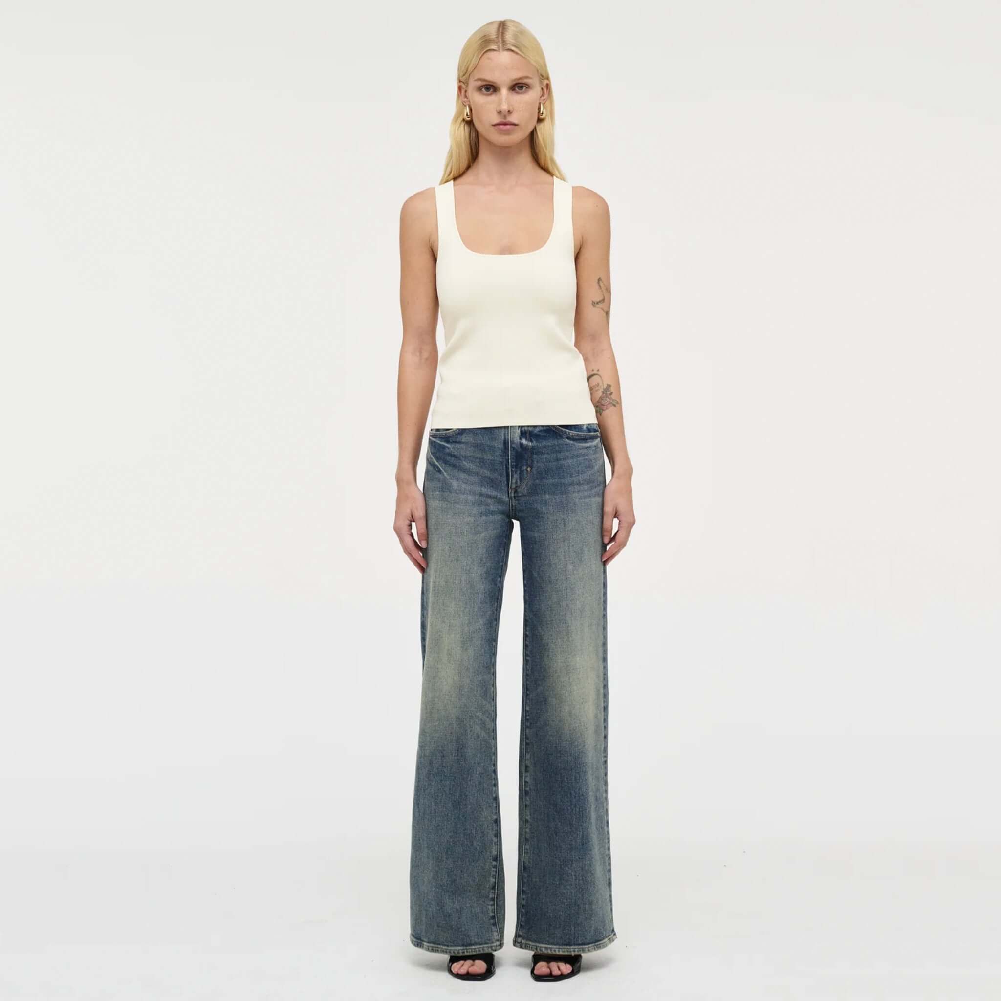 Alt Tag: Neuw Eva Wide Jeans - Mid Vintage Indigo mid-rise A-line wide leg comfort-stretch denim full-length front view