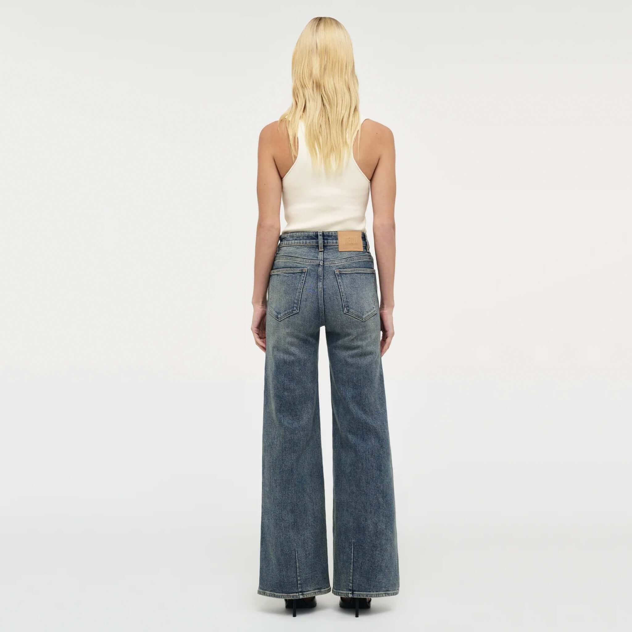 Alt Tag: Neuw Eva Wide Jeans - Mid Vintage Indigo back view mid-rise wide leg comfort-stretch denim, polished relaxed fit