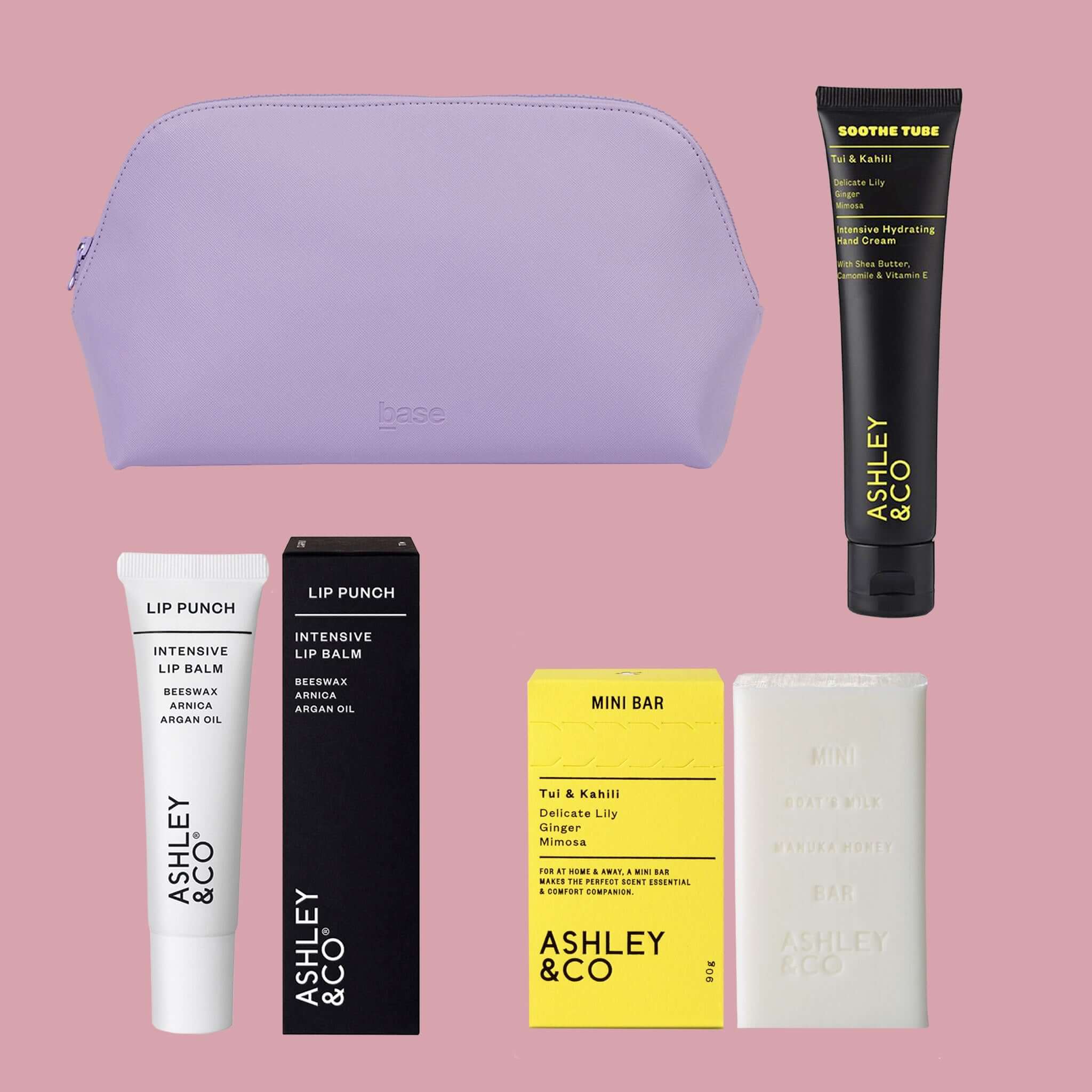 Night Away Toiletry Bag Gift Box featuring Base Supply cosmetic bag and Ashley & Co essentials.