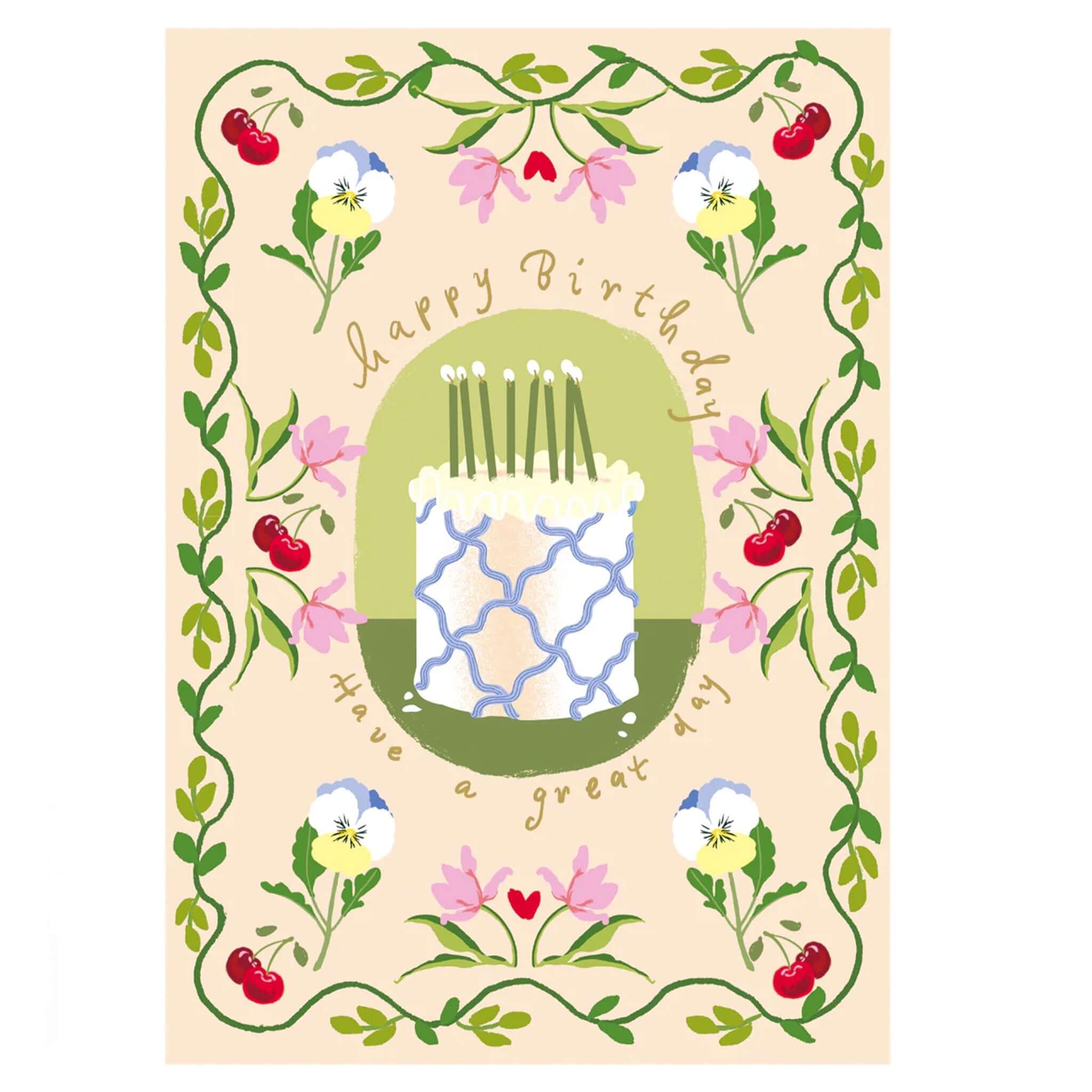Noi Publishing Card - Cake and Cherries Birthday featuring a decorated cake with candles and vibrant floral border.