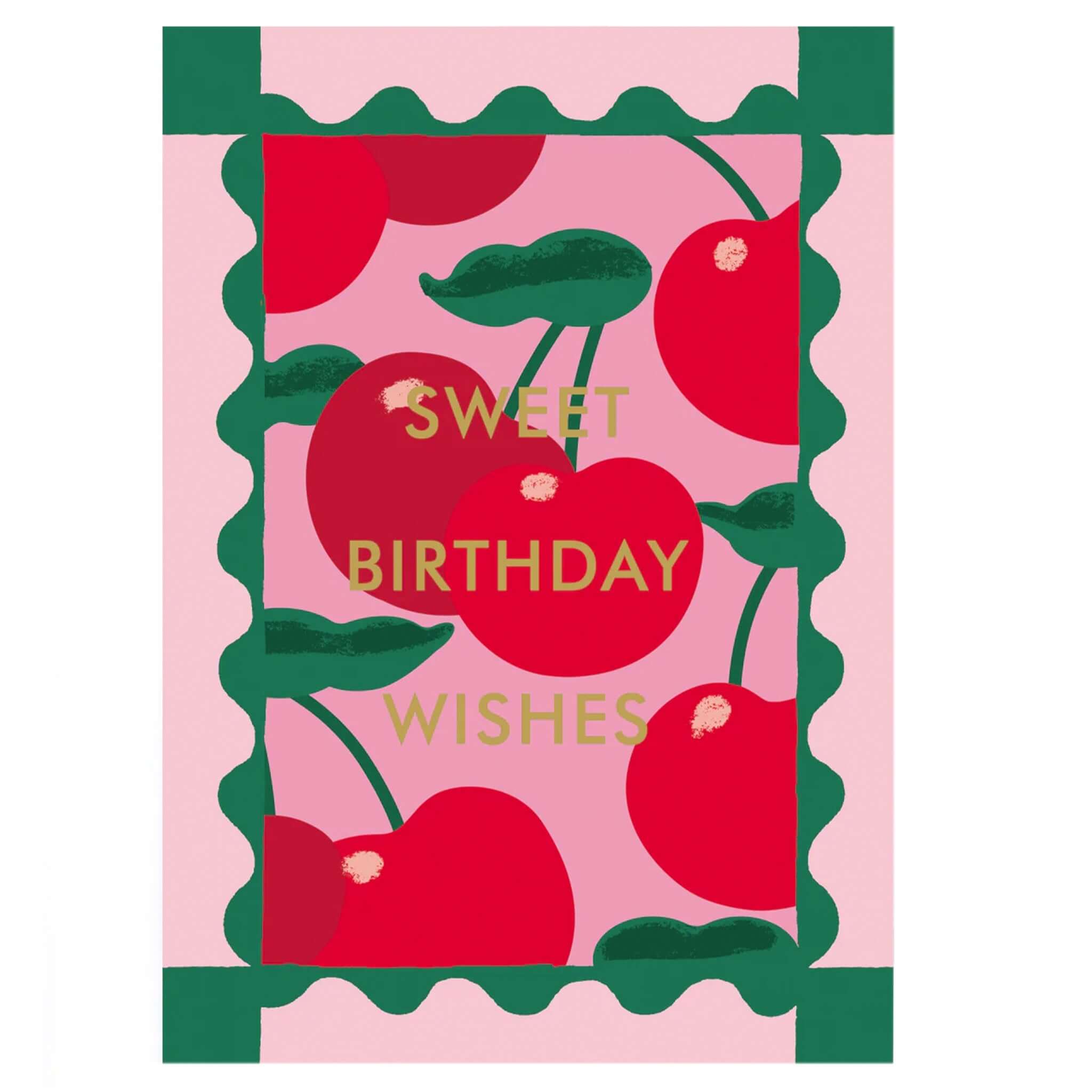 Noi Publishing Card - Cherries Stamp Sweet Birthday Wishes with bold cherries and gold foil text.