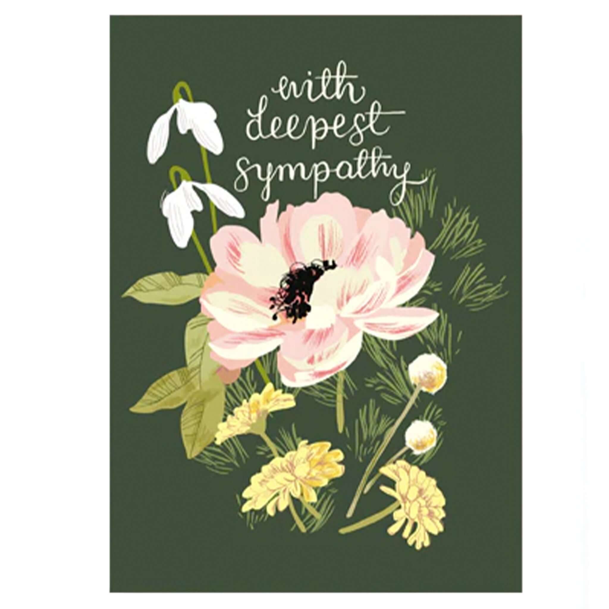 Noi Publishing Card - Dark Floral Sympathy featuring pink anemone and snowdrops on deep green background.