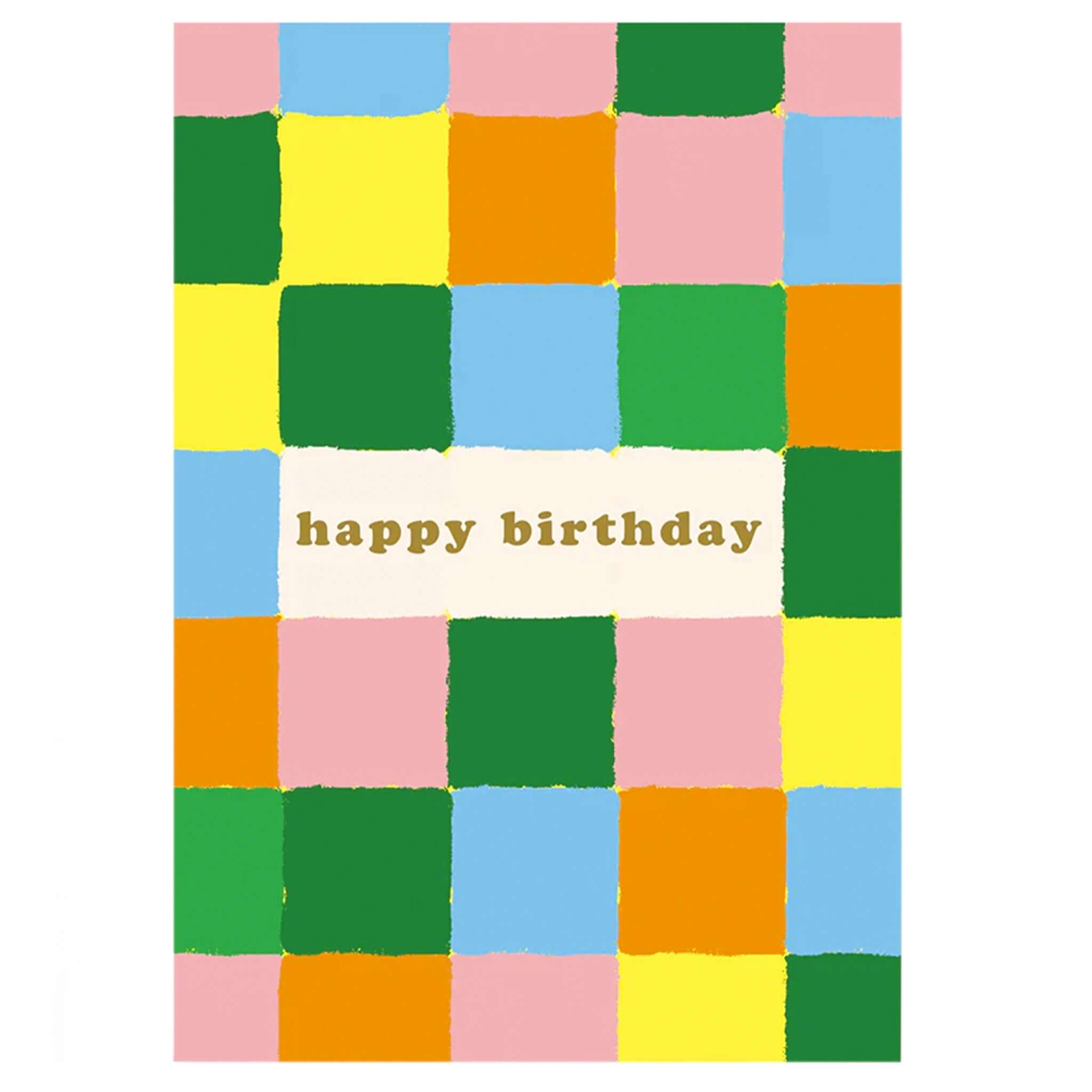 Noi Publishing Card - Rainbow Checkered Birthday with colorful patchwork design and gold foil text.