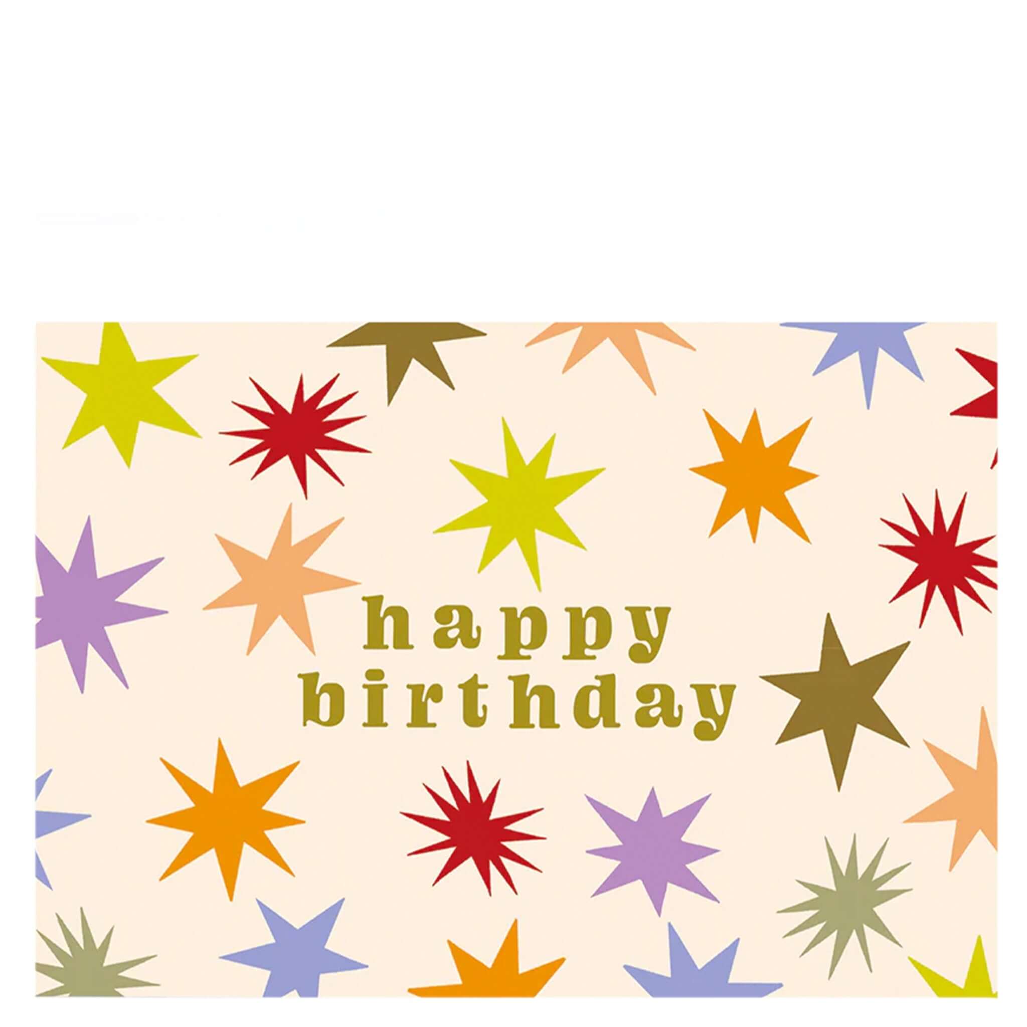 Noi Publishing Card - Starburst Birthday, colorful stars and gold foil text on a cream background.