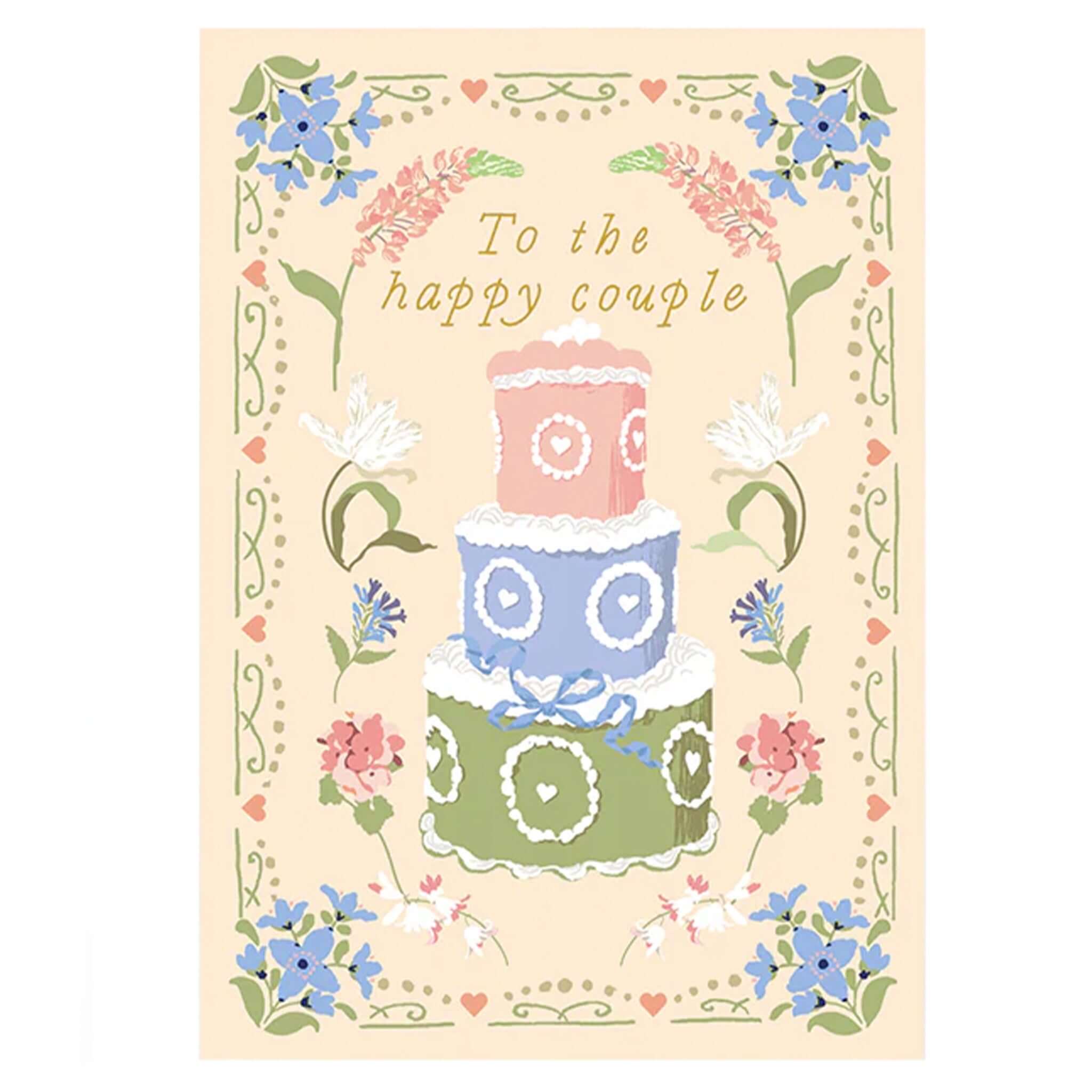 Noi Publishing Card - Tiered Cake Wedding featuring a decorated three-tier cake with floral design and gold foil text.