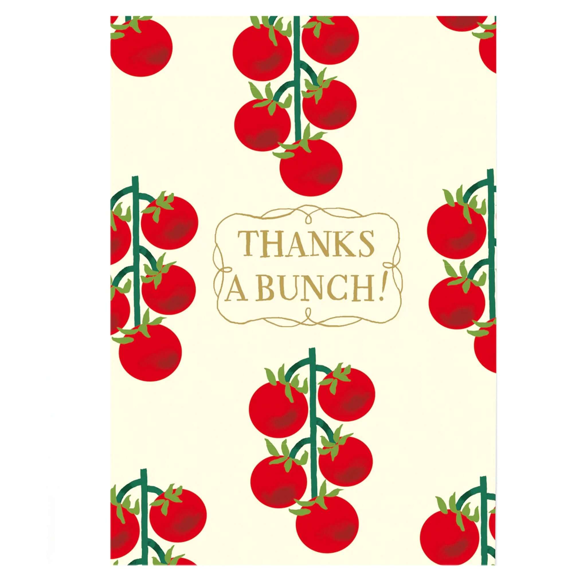 Noi Publishing Card - Tomato Vines Thank You design featuring bold red tomatoes and gold foil lettering.