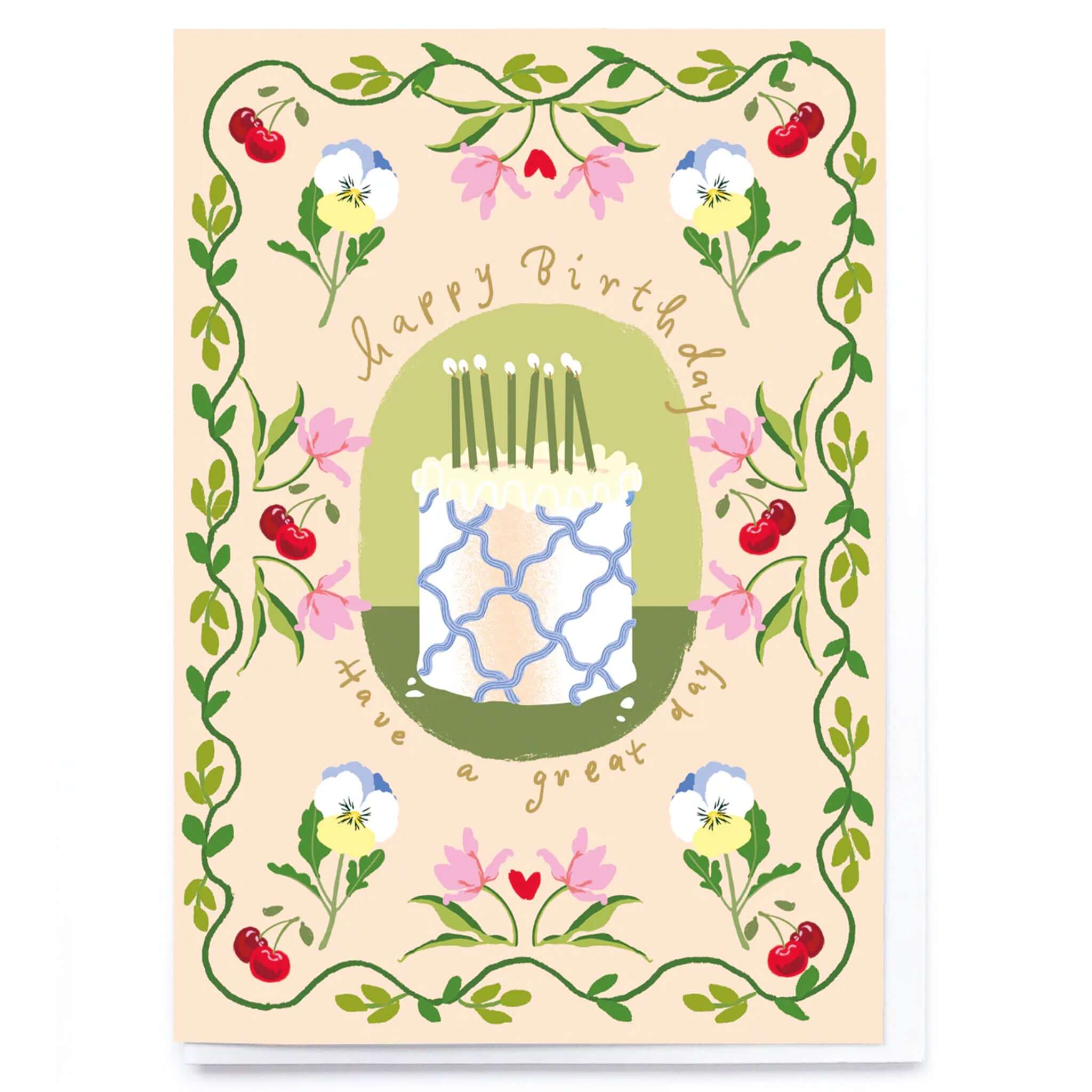Noi Publishing Card - Cake and Cherries Birthday featuring a decorative cake and floral patterns.