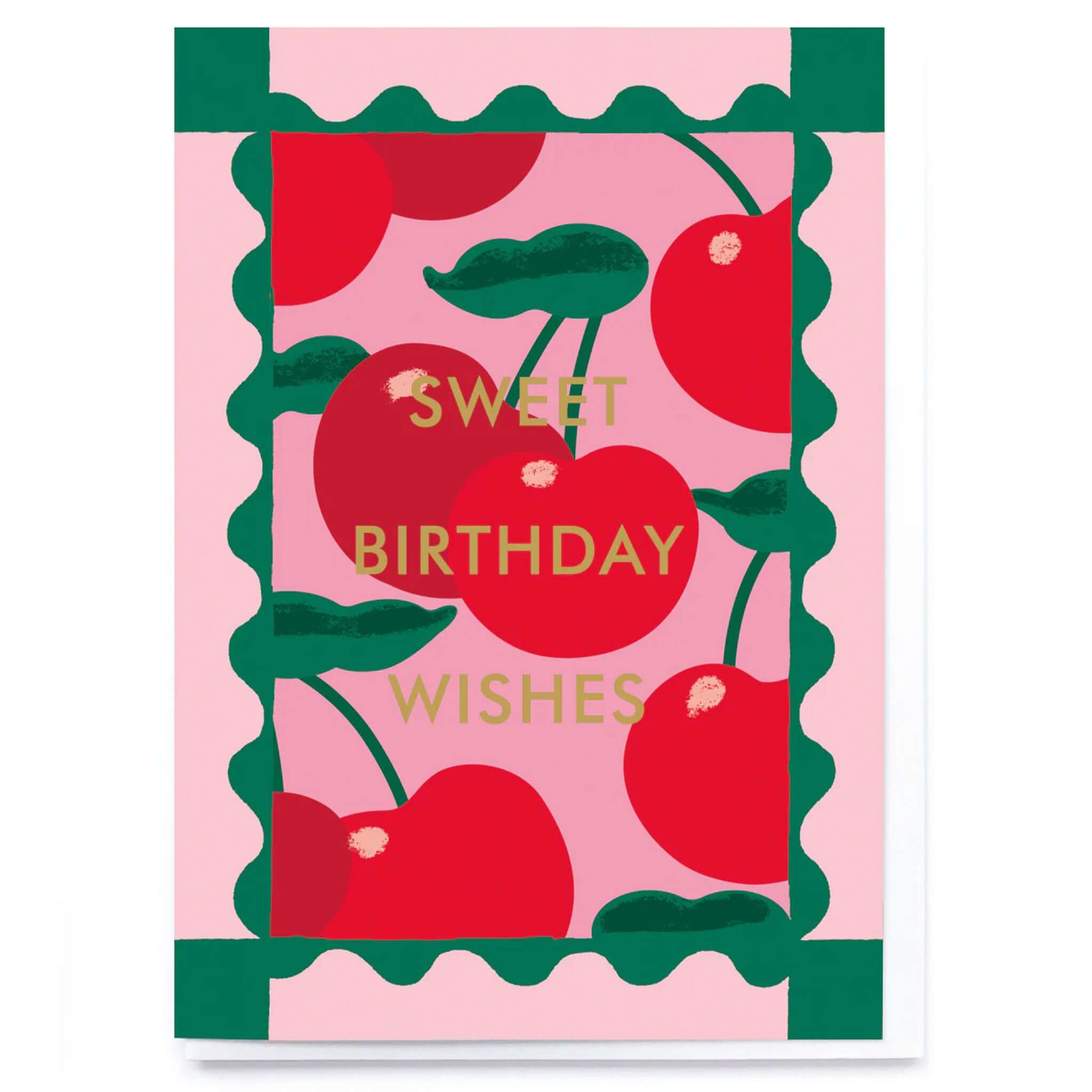 Noi Publishing Card - Cherries Stamp Sweet Birthday Wishes featuring oversized cherries and gold foil text.