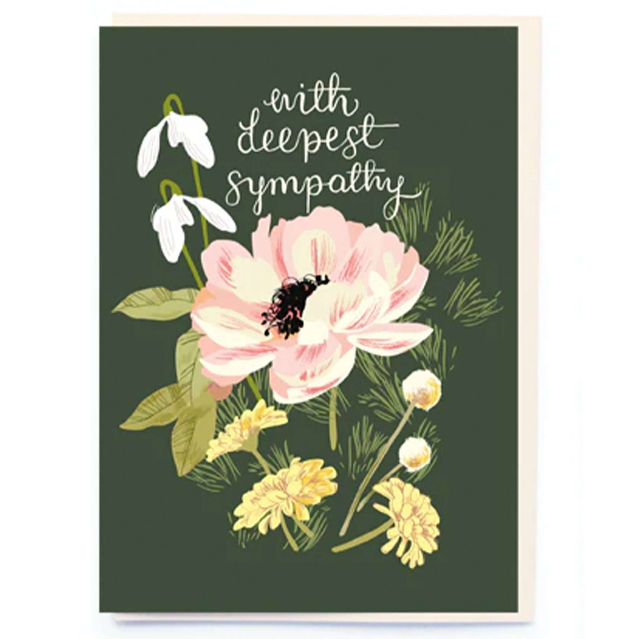 Noi Publishing Card - Dark Floral Sympathy featuring elegant flower illustration with "with deepest sympathy" on dark green background.