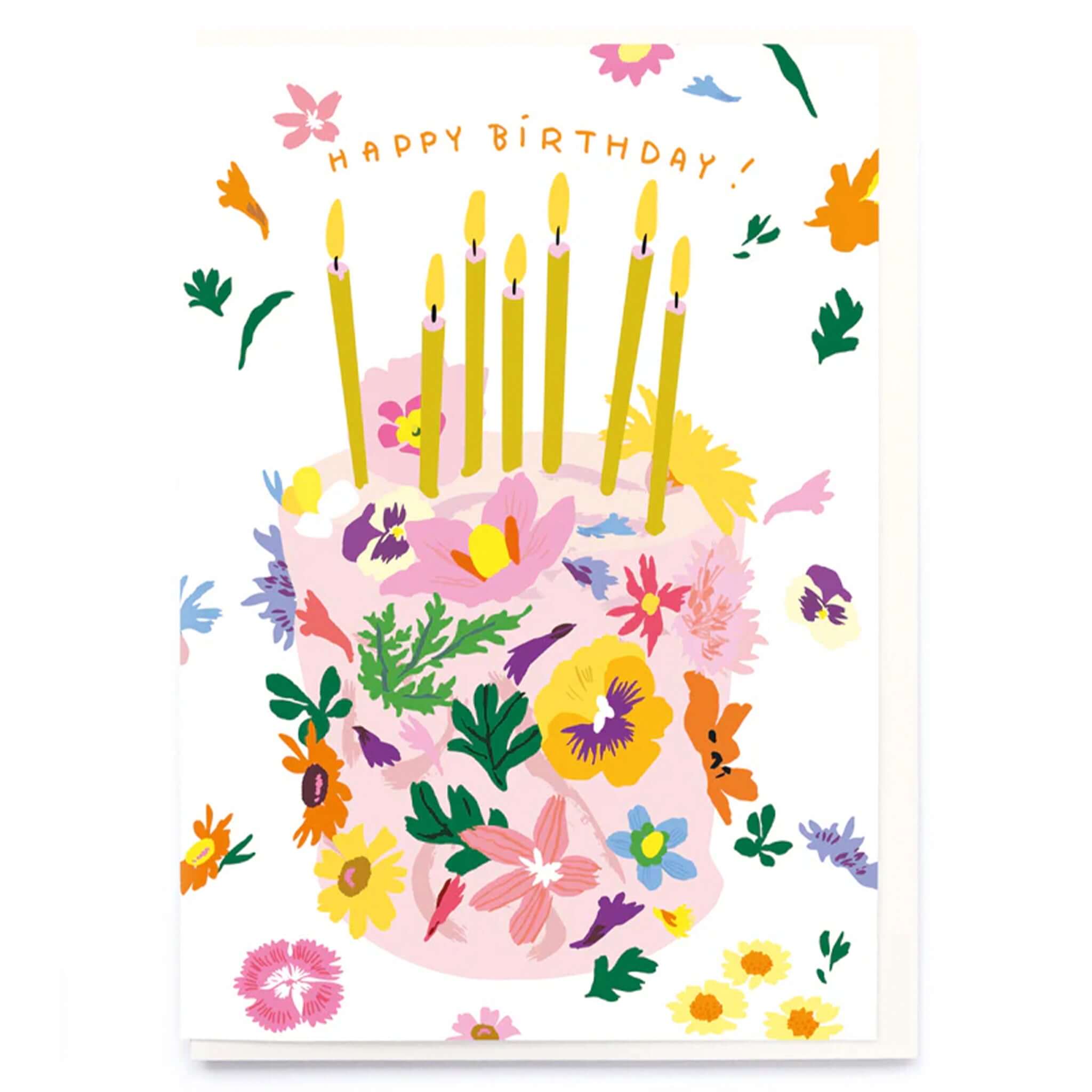 Noi Publishing Card - Floral Cake Birthday featuring a pink floral cake with candles and confetti.