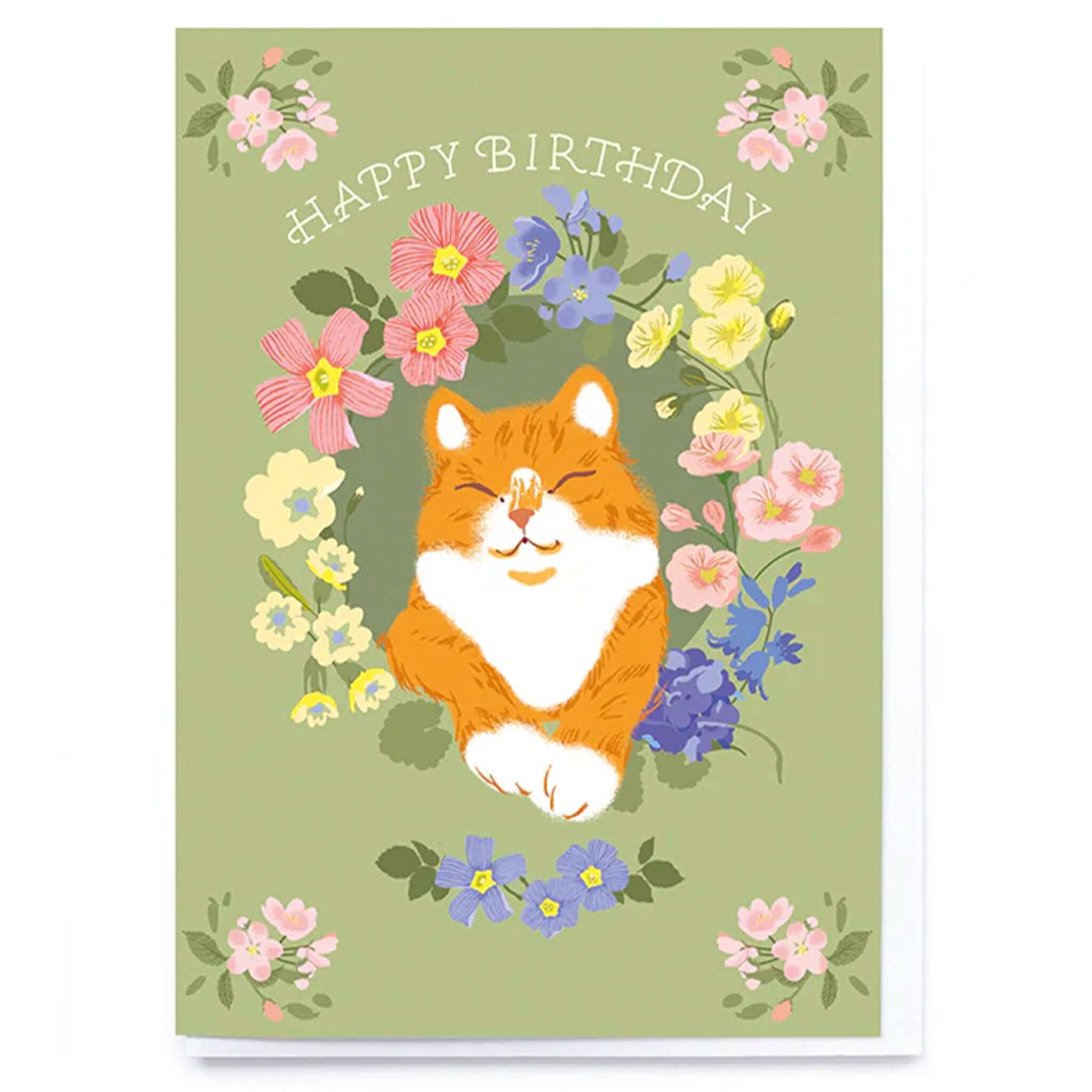 Noi Publishing Card - Floral Ginger Cat Happy Birthday featuring a cheerful ginger cat in a floral wreath on sage green background.