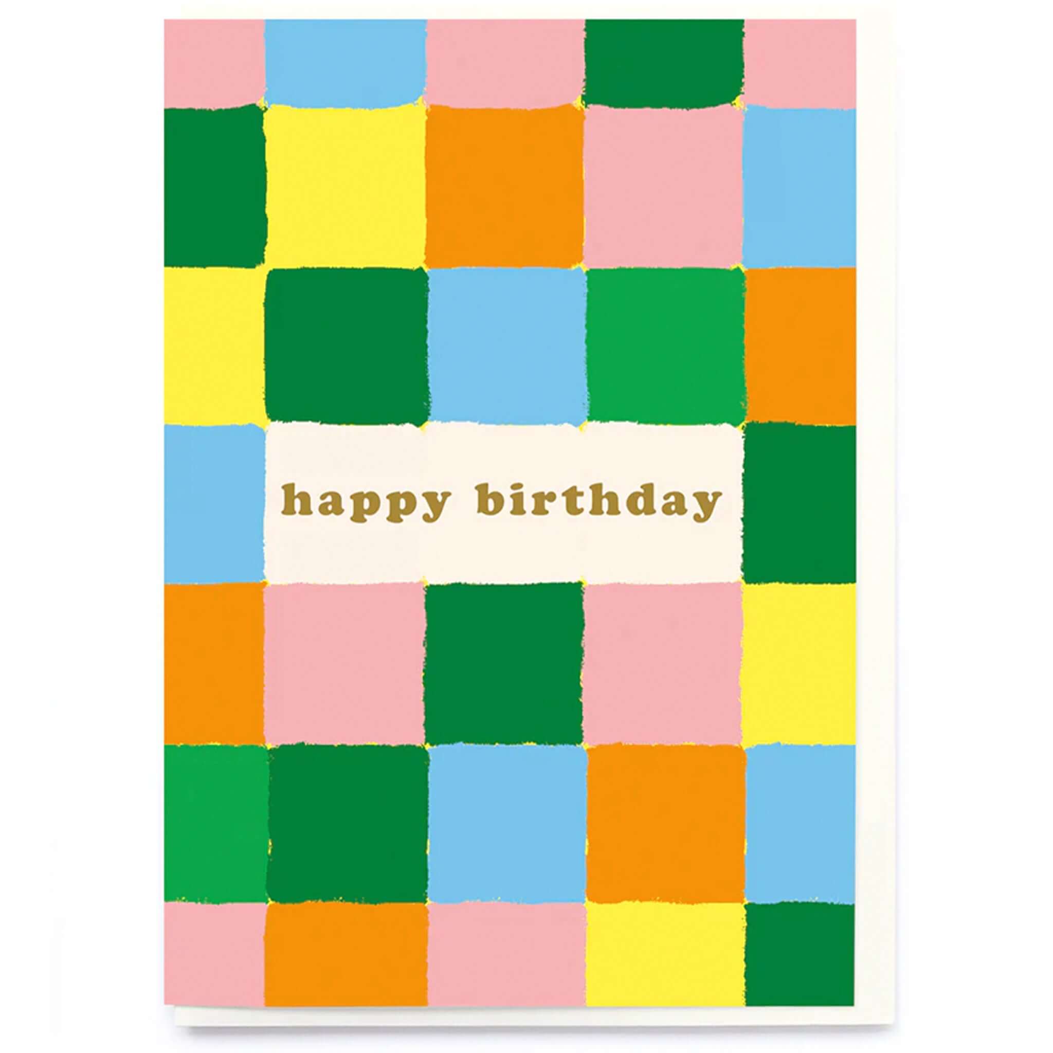 Noi Publishing Card - Rainbow Checkered Birthday with colorful patchwork design and gold foil text.