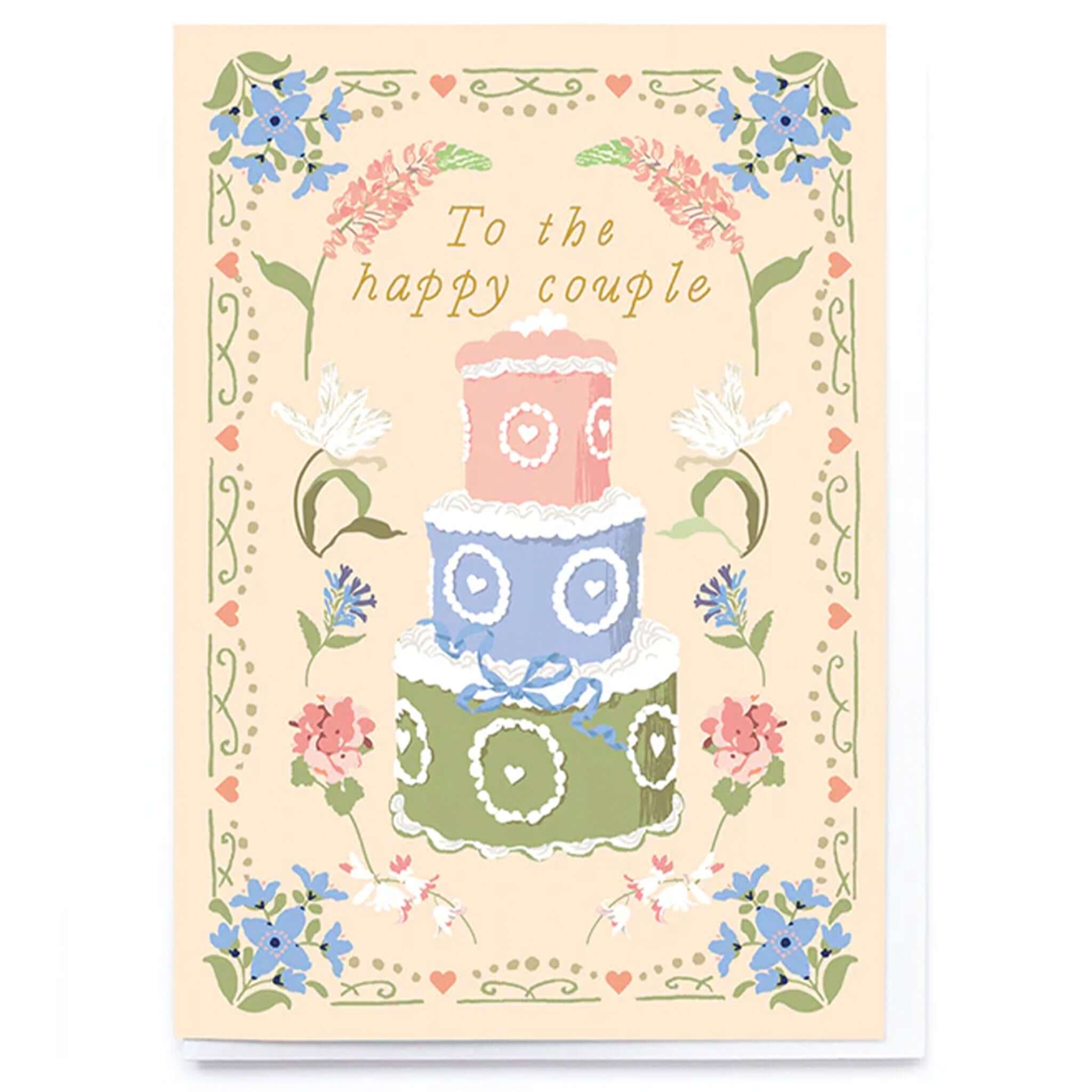 Noi Publishing Card - Tiered Cake Wedding featuring a three-tier cake and floral border, perfect for celebrating the happy couple.