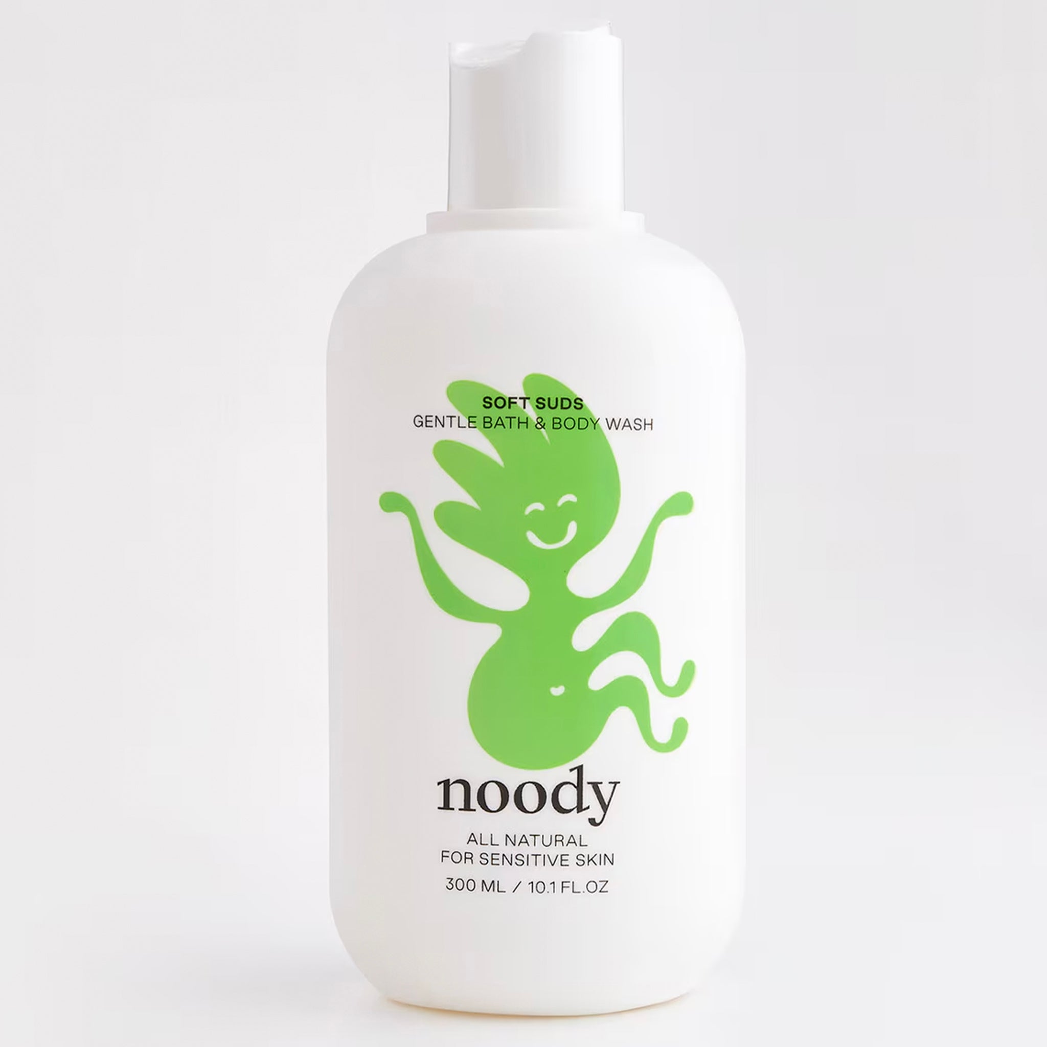 Bottle of noody gentle bath and body wash with a green character on a white background