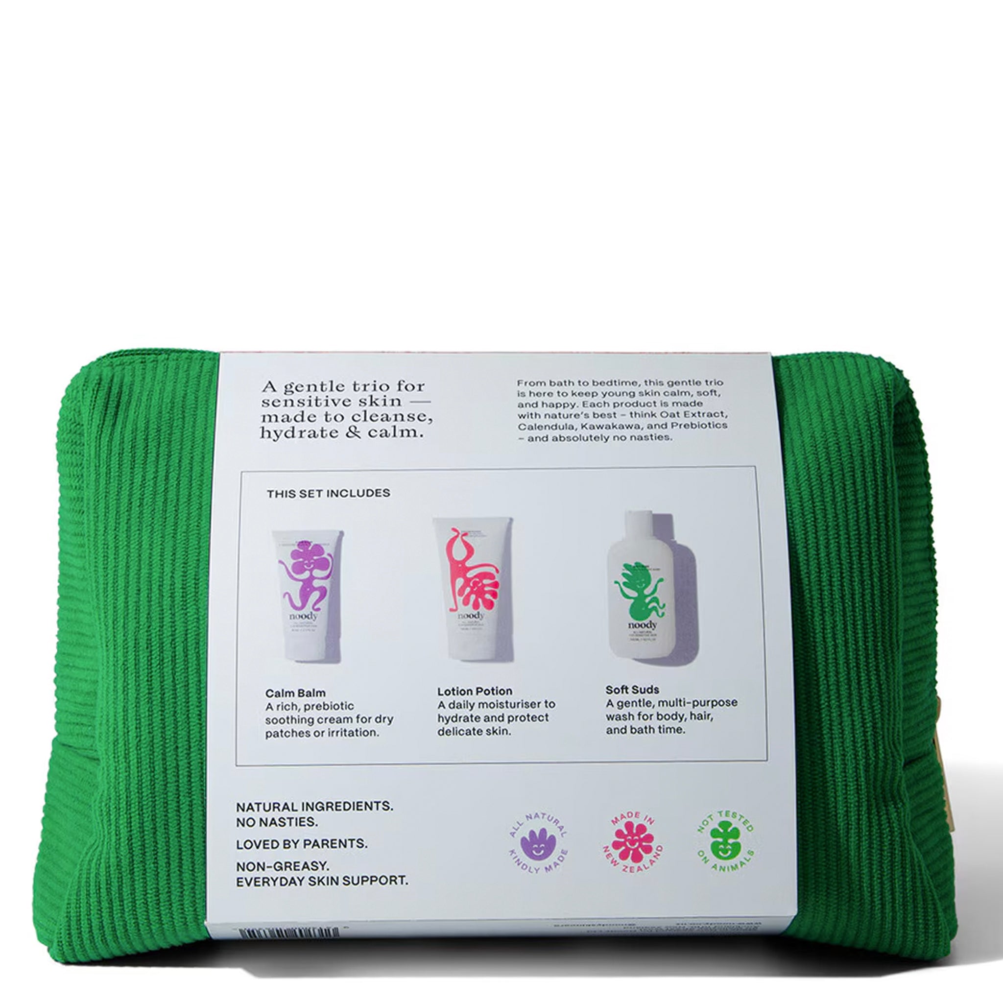 Packaged product with green wrap and white label on a white background