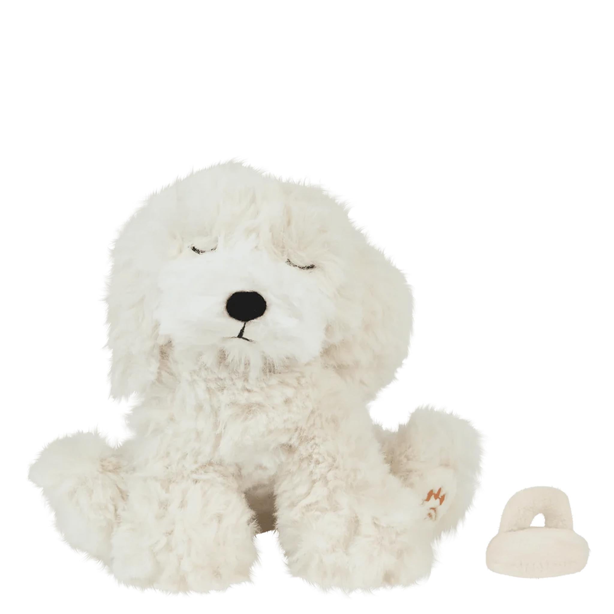 Plush toy dog with a duck on a white background