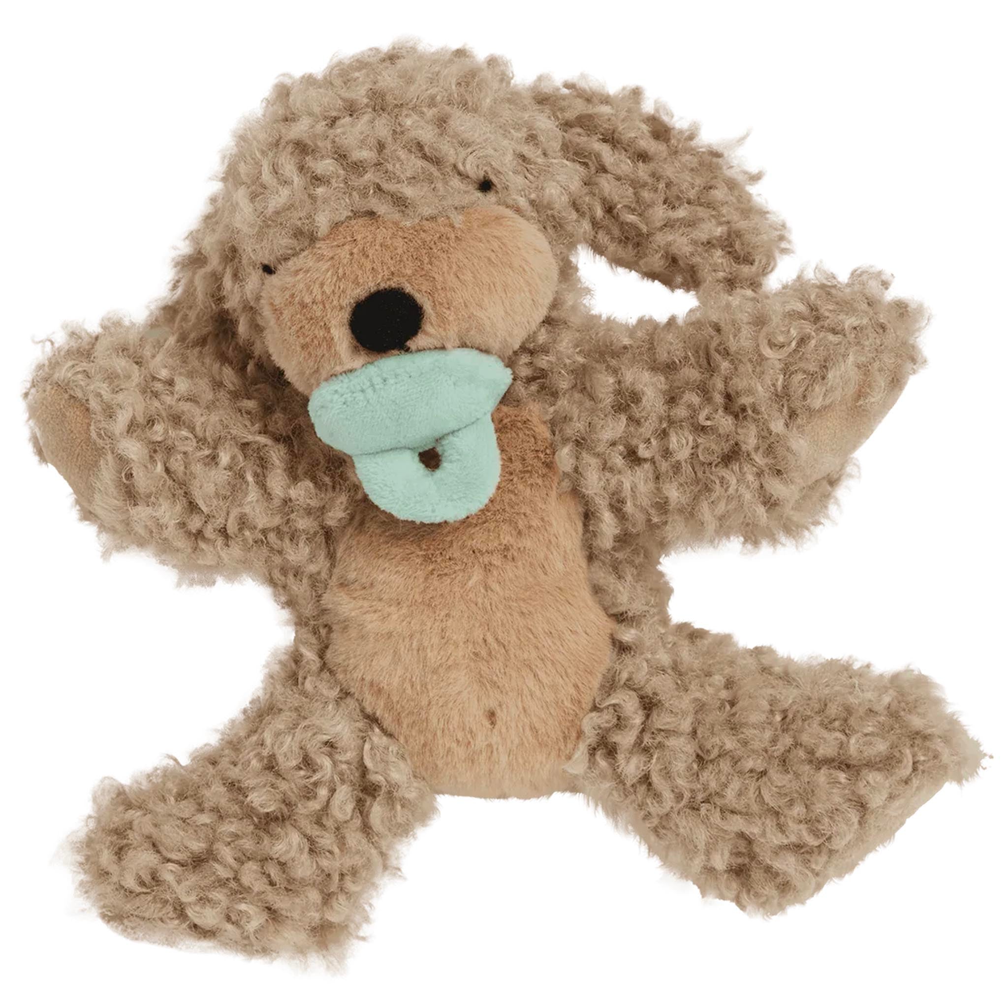 Plush dog toy with a pacifier on a white background