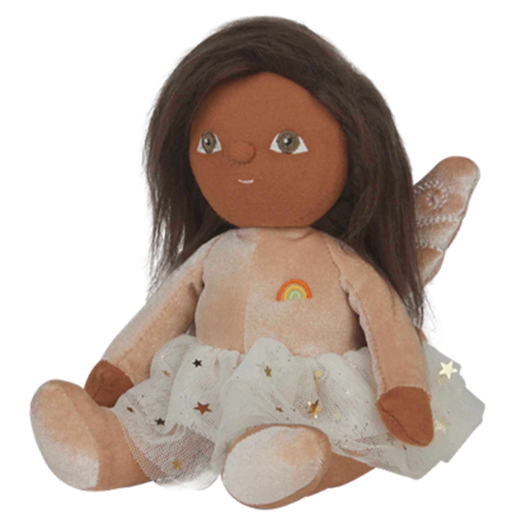 Stuffed doll with brown hair, rainbow on chest, and white dress with star details on a white background